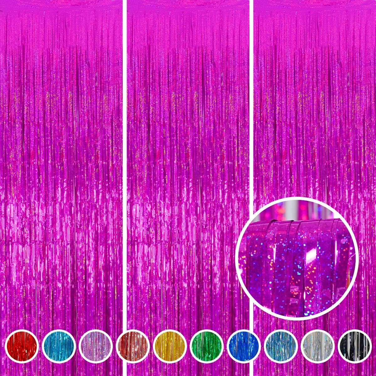 Valentine Backdrop Foil Fringe Curtains Party Decorations - Melsan 3 Pack 3.2 x 8.2 ft Tinsel Curtain Party Photo Backdrop for Birthday Party Baby Shower or Graduation Decorations Rose Red