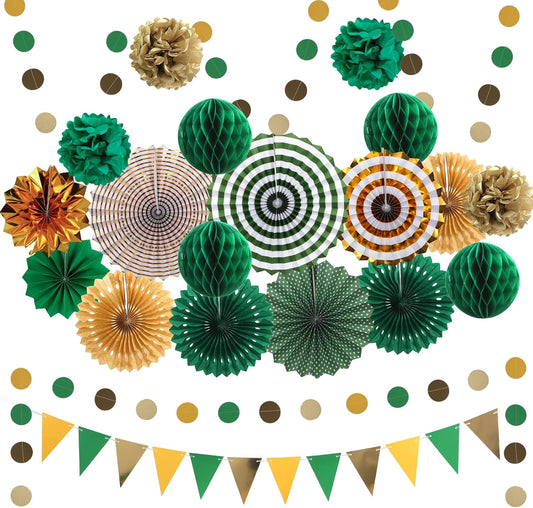 Green and Gold Party Decorations, 23Pcs Hanging Paper Fans, Pom Poms Flowers, Garland String Polka Dot and Triangle Bunting Flag Packs for Girl Birthday Bridal Shower Baby Showers