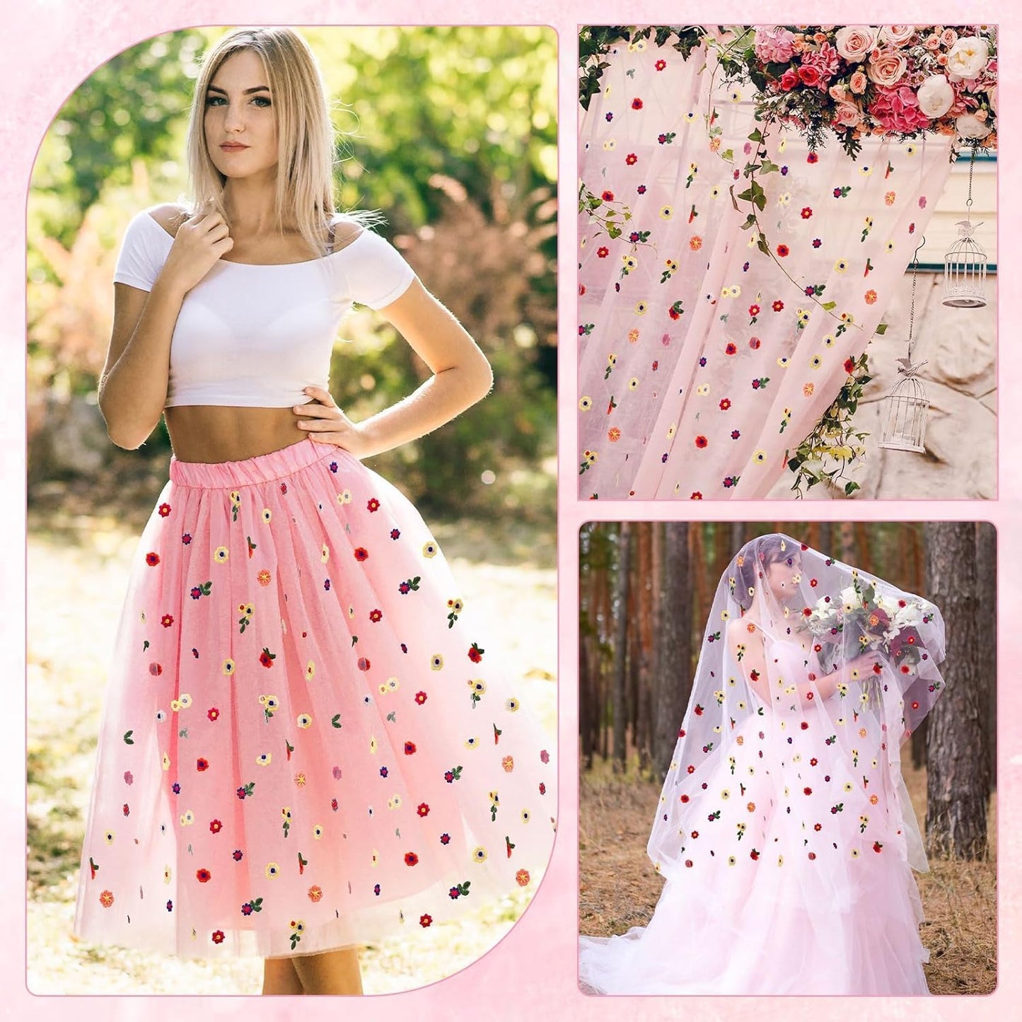 Pink Floral Table Runner 10 FT, Embroidery Daisy Table Runners Seasonal Sheer Tulle Table Runner for Thanksgiving Wedding Birthday Baby Shower Party ﻿