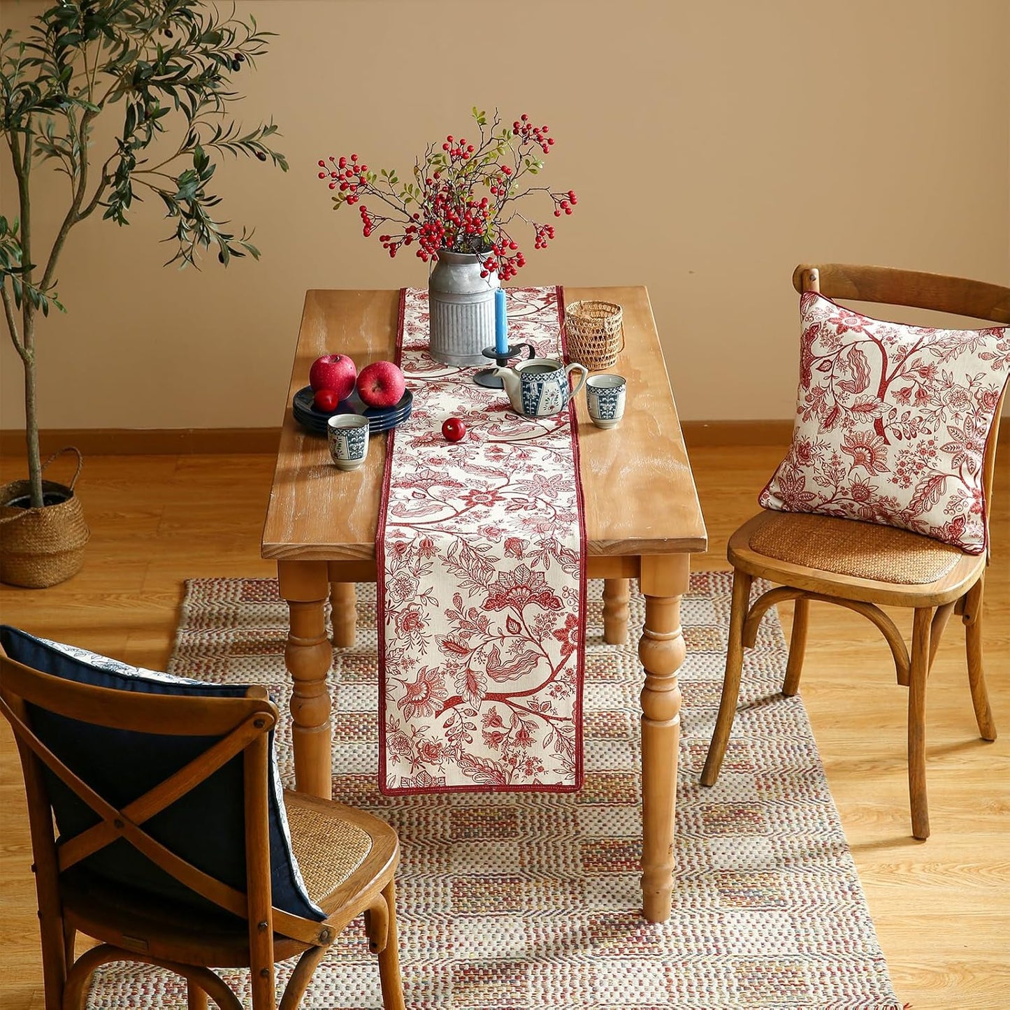 ISAENNE Designer Chinoiserie Elegant Linen Table Runner 102 Inches Long,Red Floral Pattern Decor Table Runners for Thanksgiving,Dining Room,Banquet,Kitchen Tables,Christmas,12"*102"-Ruyi A