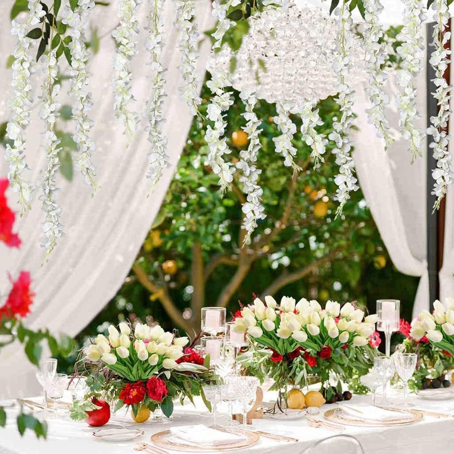 12 Pack White Green Wisteria Hanging Flowers Garland, 3.77 Feet Artificial Flower Vines, Fake Wisteria, Artificial Vines Hanging Garland for Backdrop Outdoor Yard Garden Decor