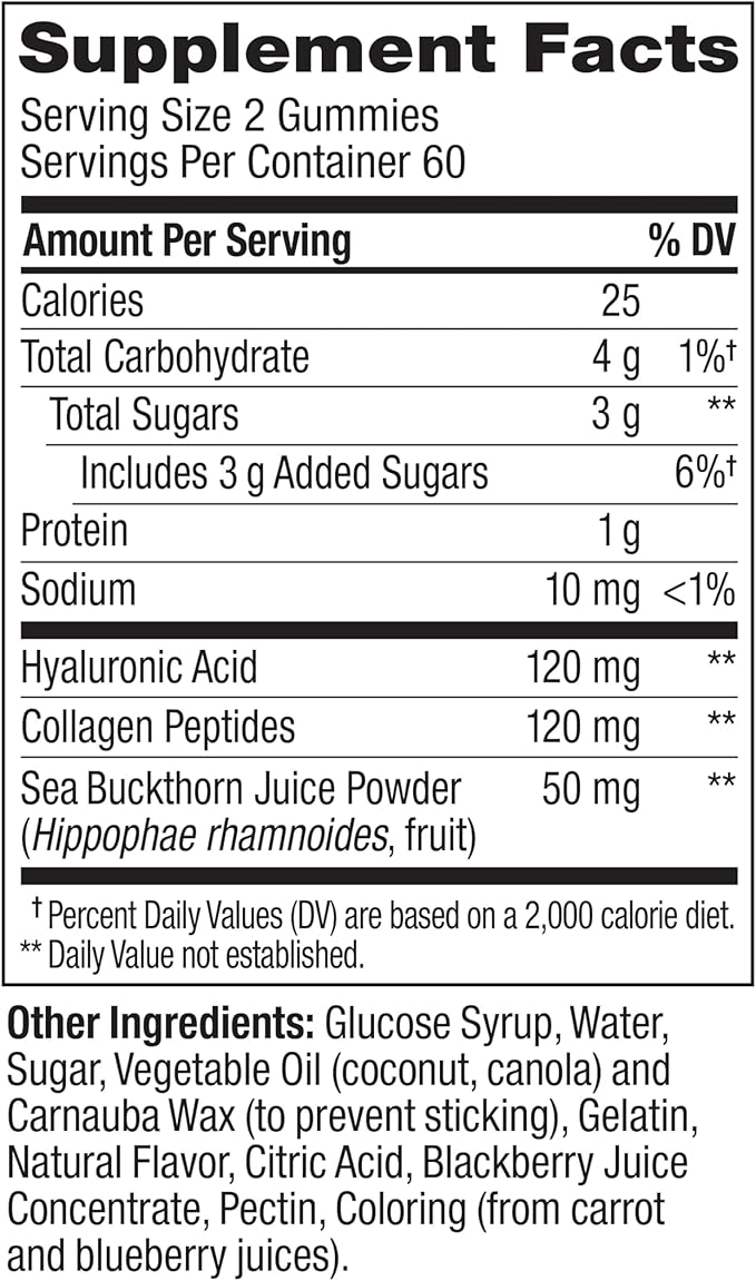 OLLY Glowing Skin Collagen Gummy, Hydrated, Youthful Skin, Hyaluronic Acid, Sea Buckthorn, Chewable Supplement, Berry, 60 Day Supply - 120 Count Pouch