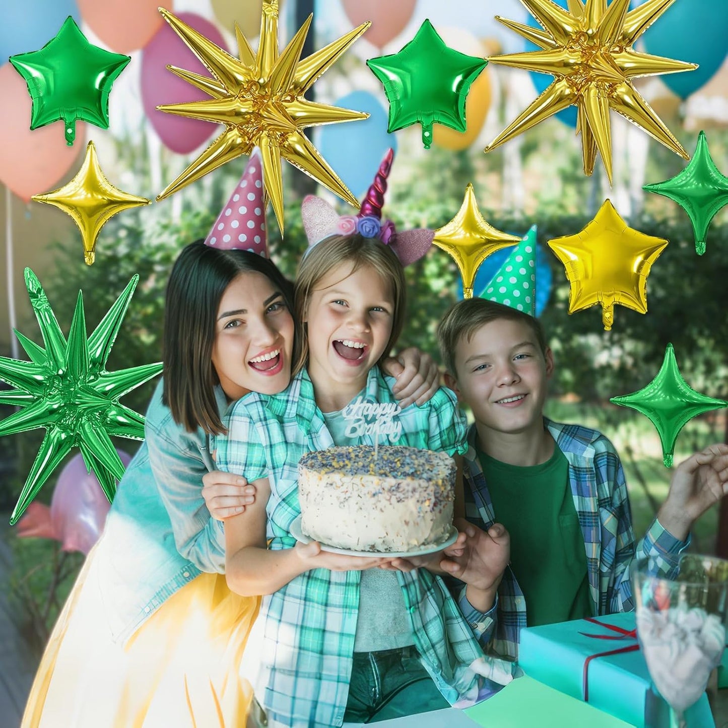Gold Green Star Balloon,16Pcs Star Foil Balloons Set with 22Inch Explosion Spike Cone Balloons and 10Inch Quadrangle Helium Balloon for Birthday Wedding Baby Shower Party Decorations