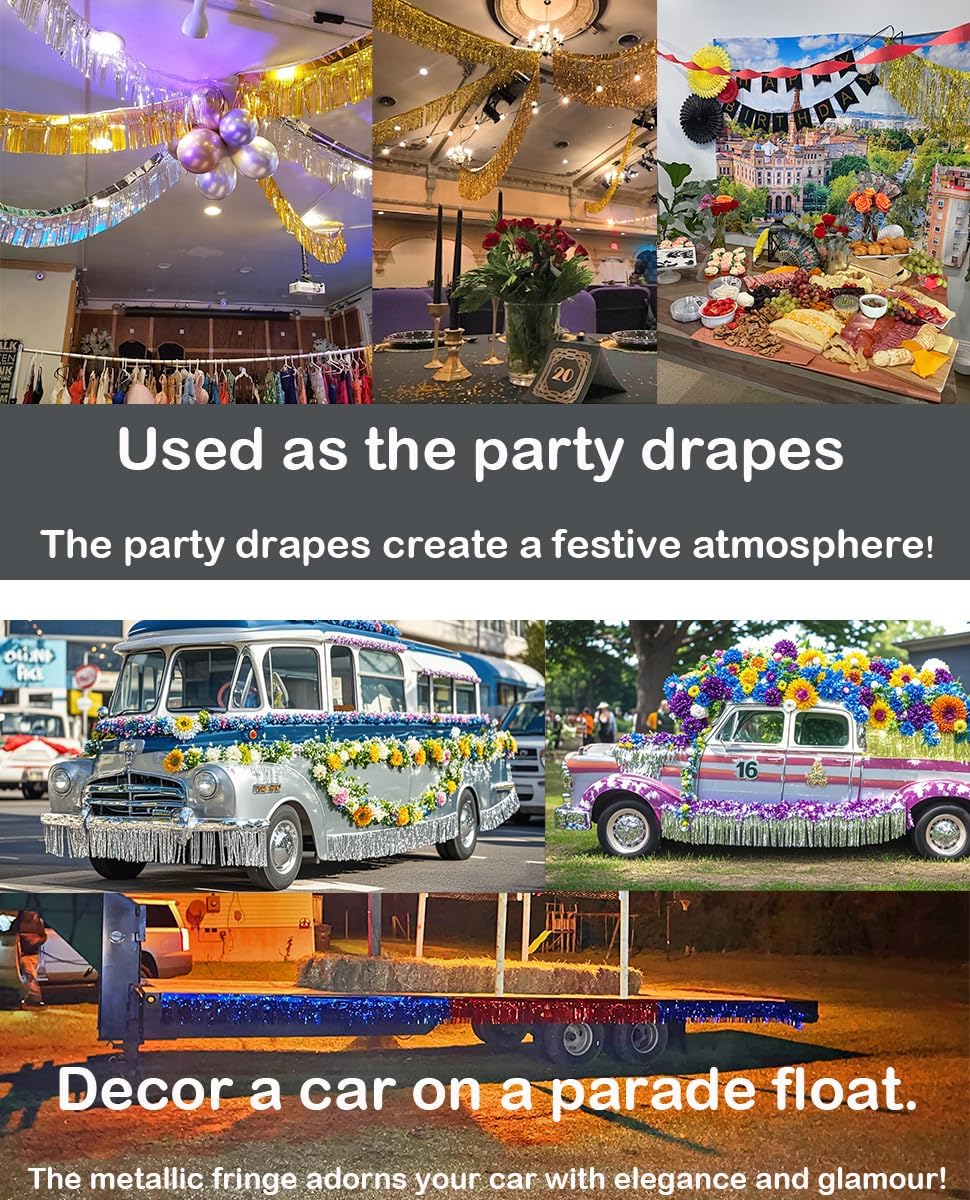 4 Pack Total 40 Feet Foil Fringe Garland Lilac Metallic Wall Hanging Drapes Tassel Skirting Tinsel Streamers for Parade Float Trailer Mardi Gras Party Birthday Wedding (Iridescent Purple)