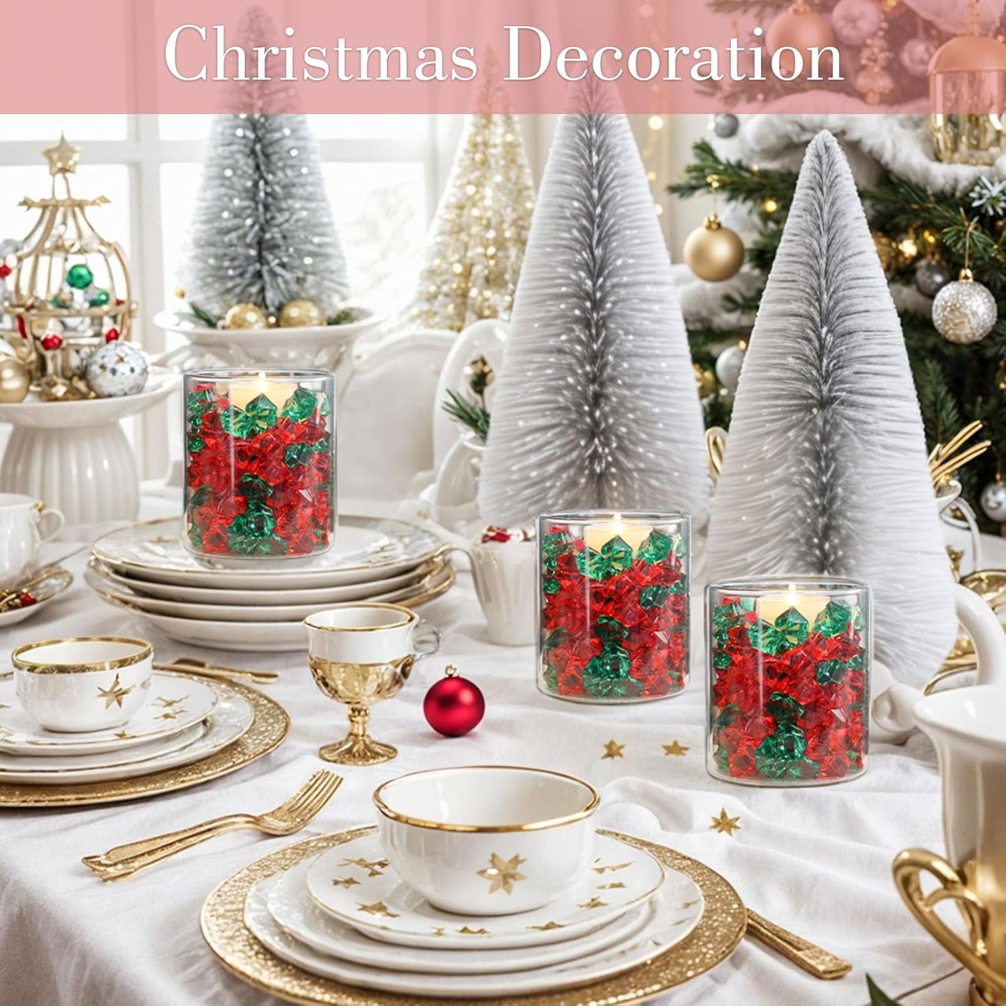 DomeStar Red Fake Ice Rocks, 150PCS Acrylic Gems Crystals Plastic Diamonds Centerpiece for Vase Fillers Wedding Party Table Scatter Decorations