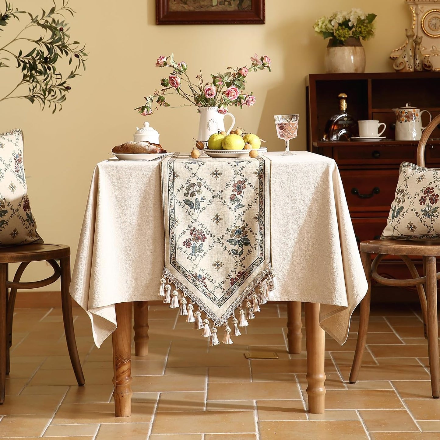 patdrea Designer Vintage Floral Linen Table Runner 71 Inch Long, Beige Cottage Rustic Bouquets Pattern Table Mat,Decor for Kitchen Dining Coffee Table Shelf Cabinet Banquet Christmas ,12"*71"