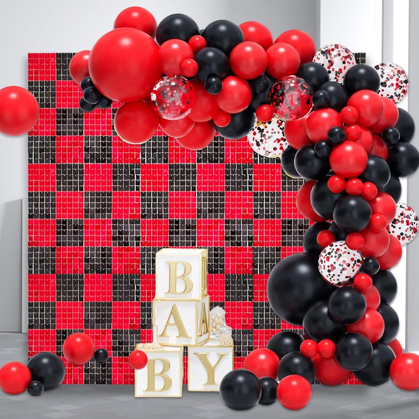 12PCS Black Red Shimmer Wall Backdrop, Square Sequin Photo Backdrops Panel, Glitter Wall Background for Birthdays, Weddings, Christmas, Halloween, Disco Bachelorette Party Decor (3FTx4FT)