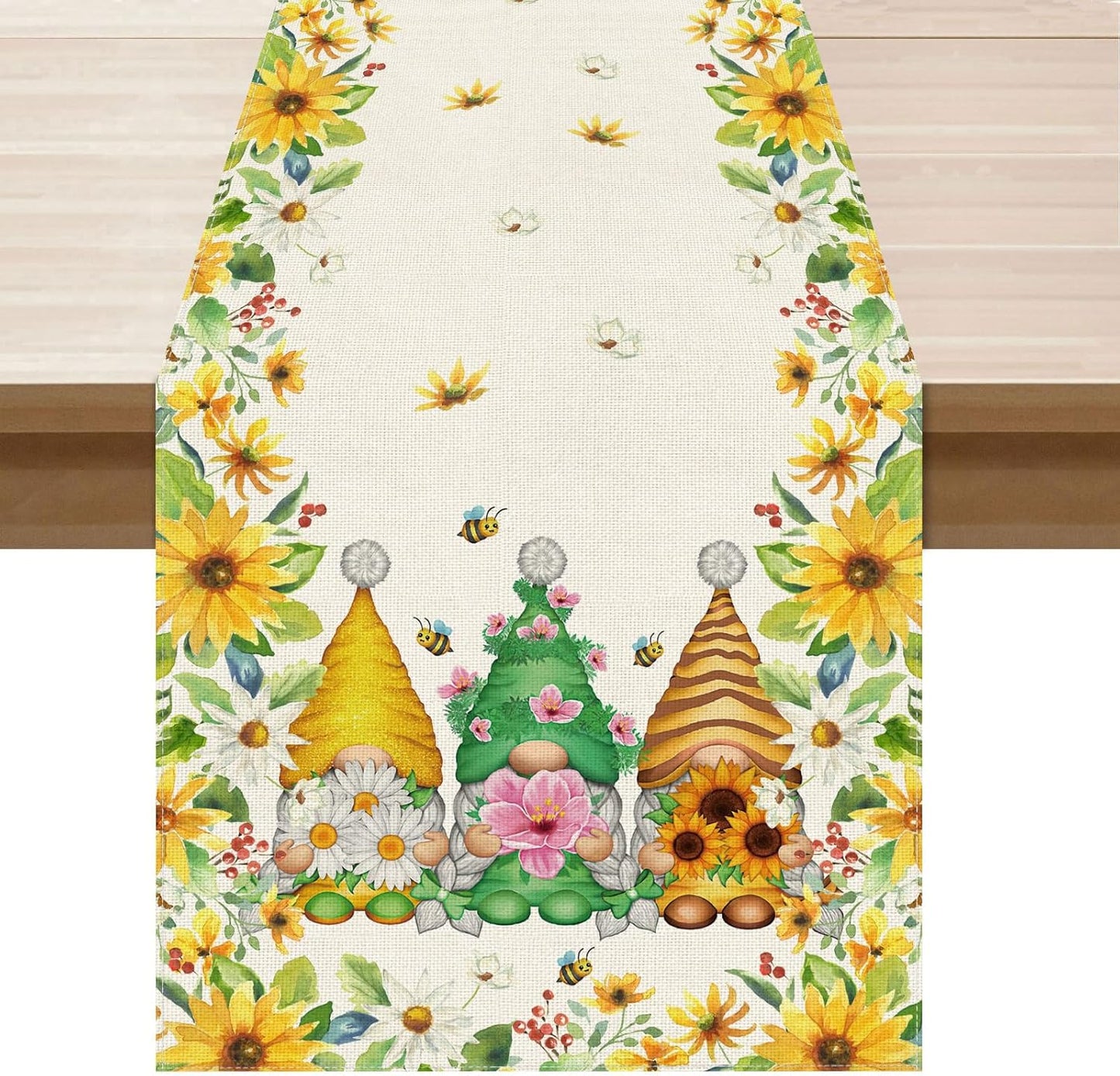 XCHI Yellow White Daisies Flowers Gnomes Spring Table Runner Burlap Table Decoration for Summer Seasonal Home Kitchen Dining Dinner Indoor Holiday Farmhouse Decor 13x48 Inch
