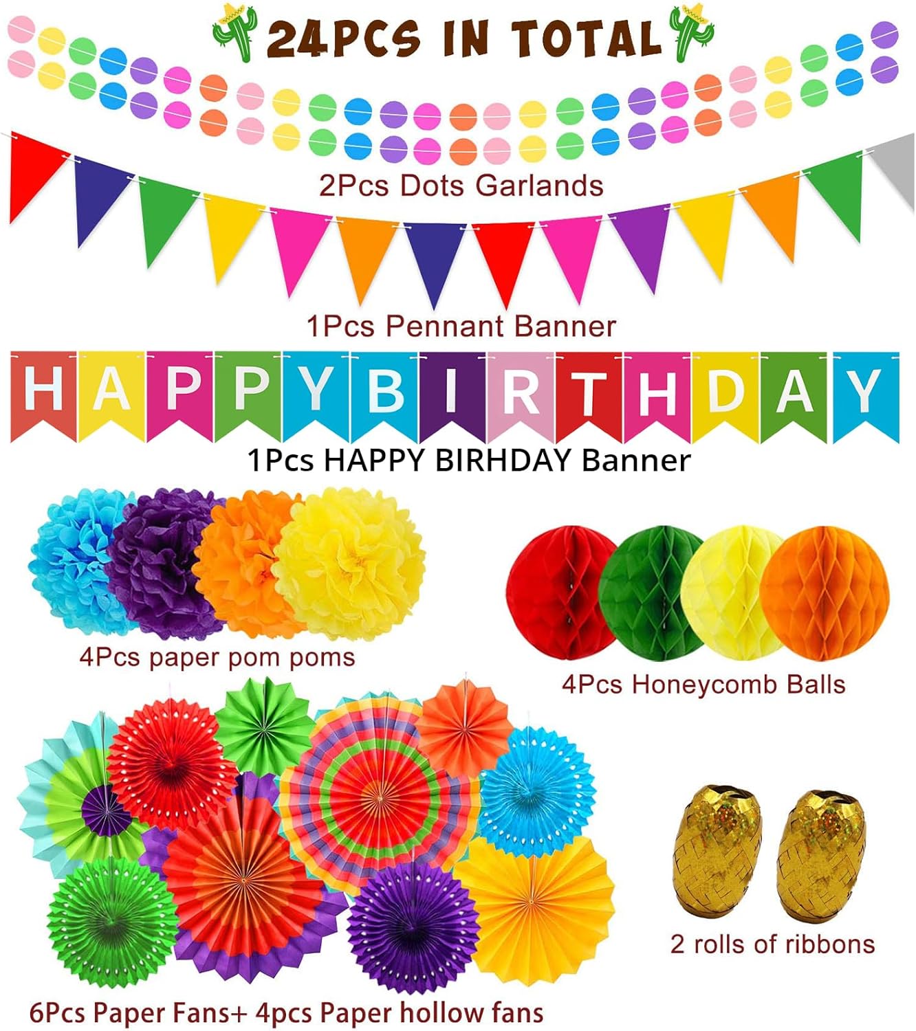 Colorful Birthday Decorations - Mexican Fiesta Party Decorations with Happy Birthday Banner, Paper Fans, Paper Pom Poms,Dots Garland, Pennant Banner, Honeycomb Balls Packs
