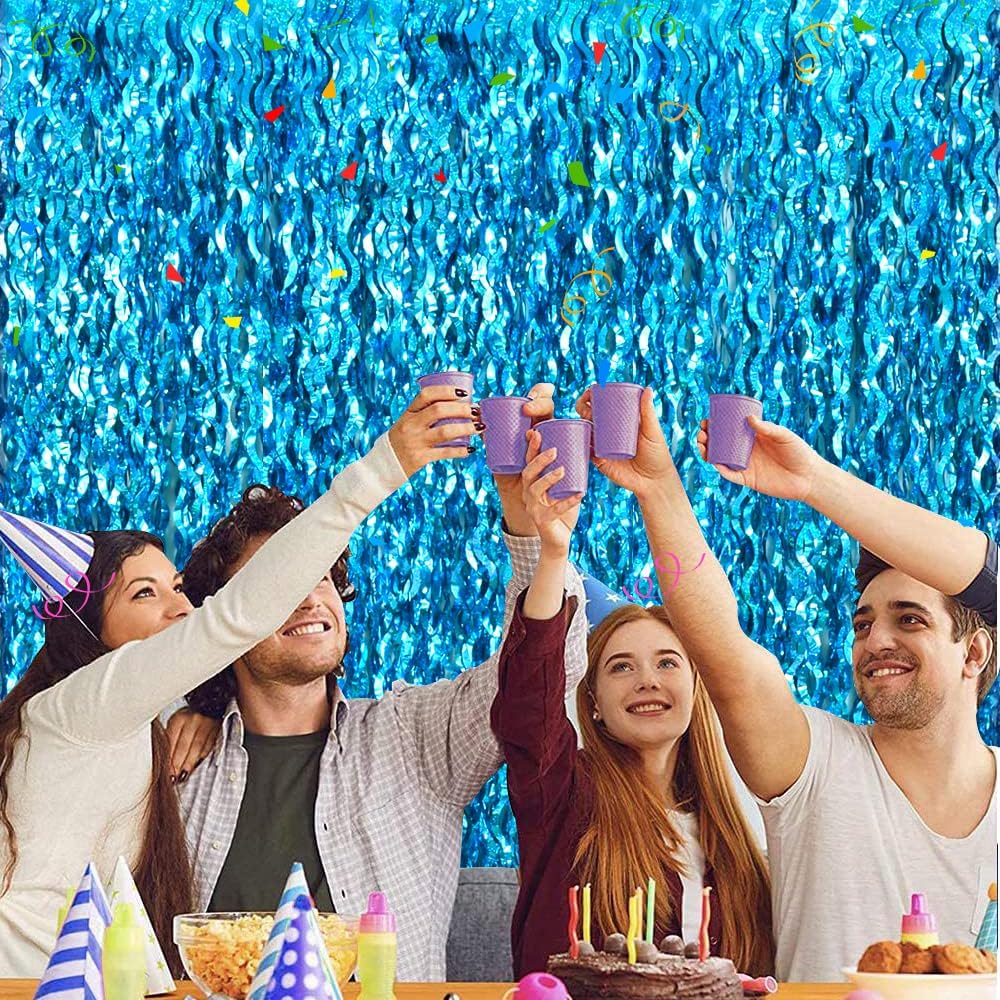 TONIFUL 3Pcs Wavy Metallic Tinsel Foil Fringe Curtains Teal Blue Streamer Backdrop for Photo Booth Props,Party Door Wall Curtains,Bachelorette,Underwater World Birthday Party Decor (9.9ft x 6.6ft)