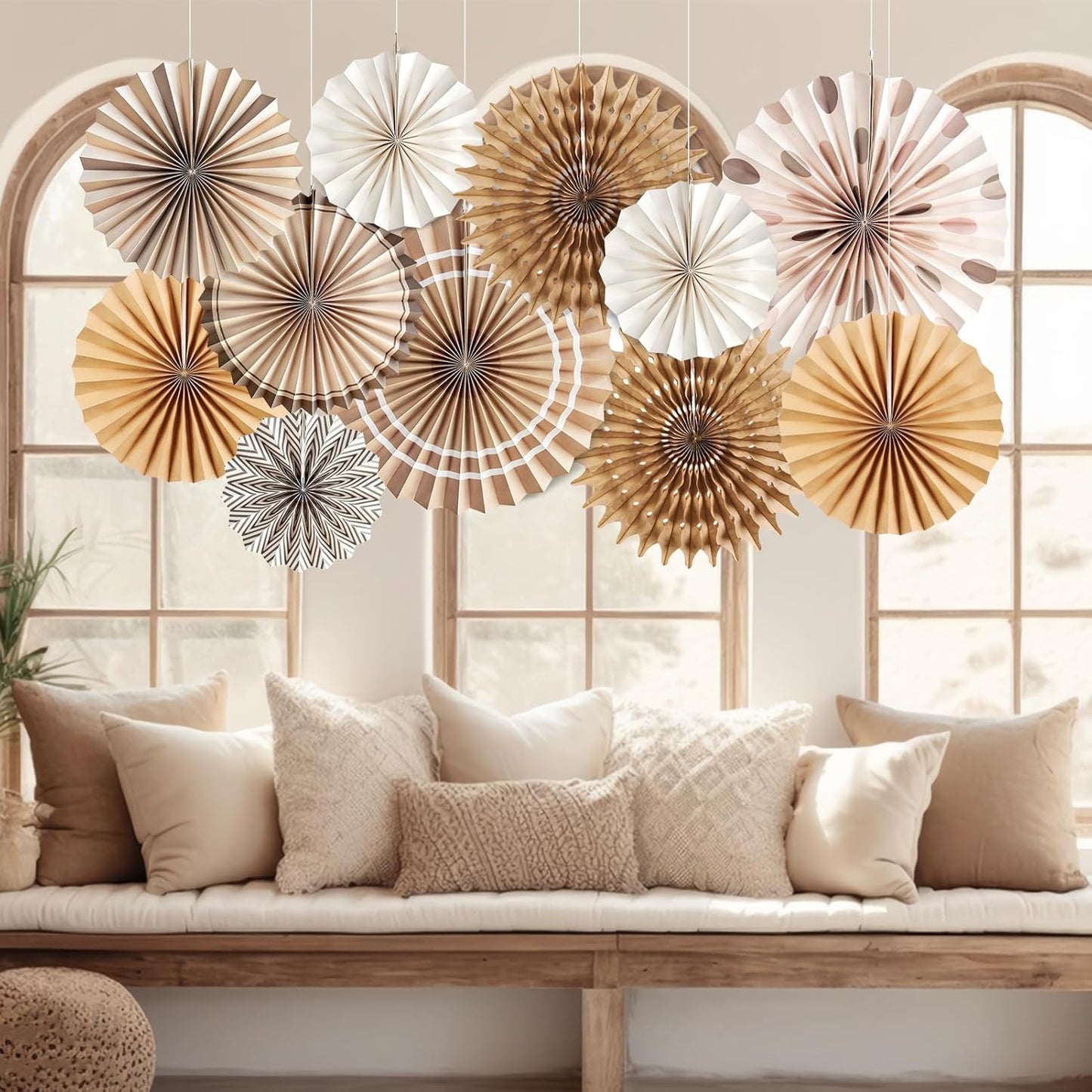 Boho Hanging Paper Fans White Brown Champagne Party Decorations Neutral Rustic Paper Fans Classroom Decoration for Baby Shower Birthday Wedding Bridal Party