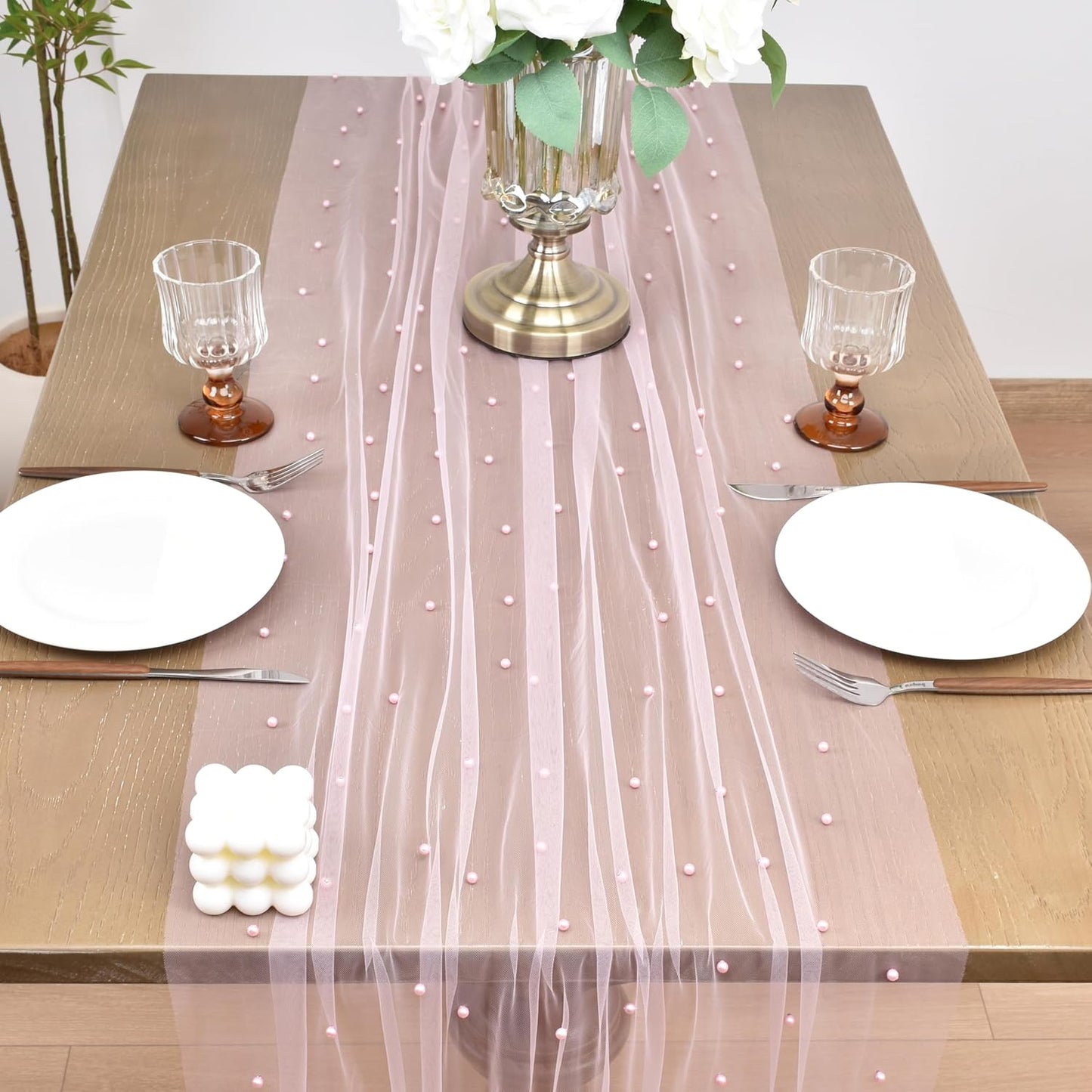 Joanlody Fall Pearl Table Runner 10ft Rustic Boho Tulle Table Runner with Pearls for Baby Shower Wedding Party Veil Dessert Thanksgiving Table Decor Pink 4pcs