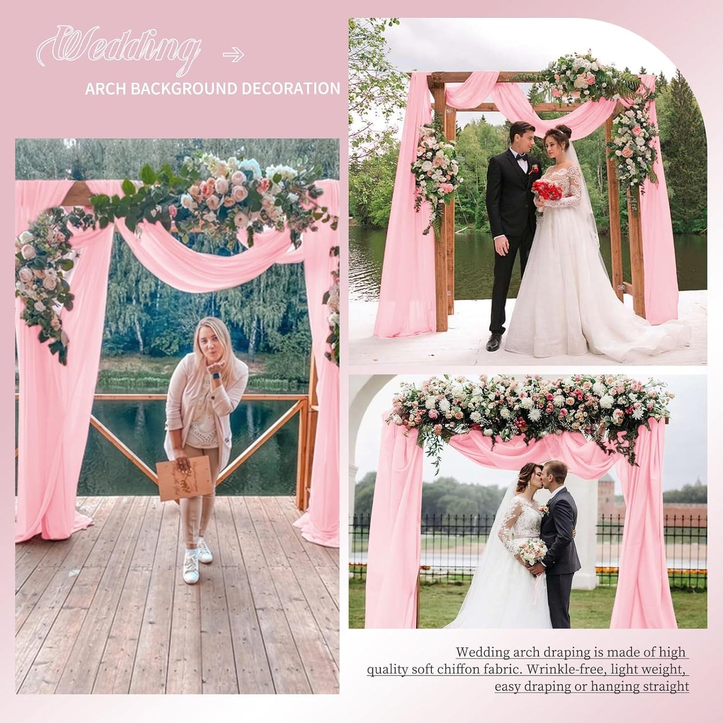 Wedding Arch Draping Fabric, 1 Panels 28" x20ft Pink Sheer Chiffon Curtain Drapes for Wedding Drapes Sheer Backdrop Curtains for Wedding Ceremony Reception Party Decoration