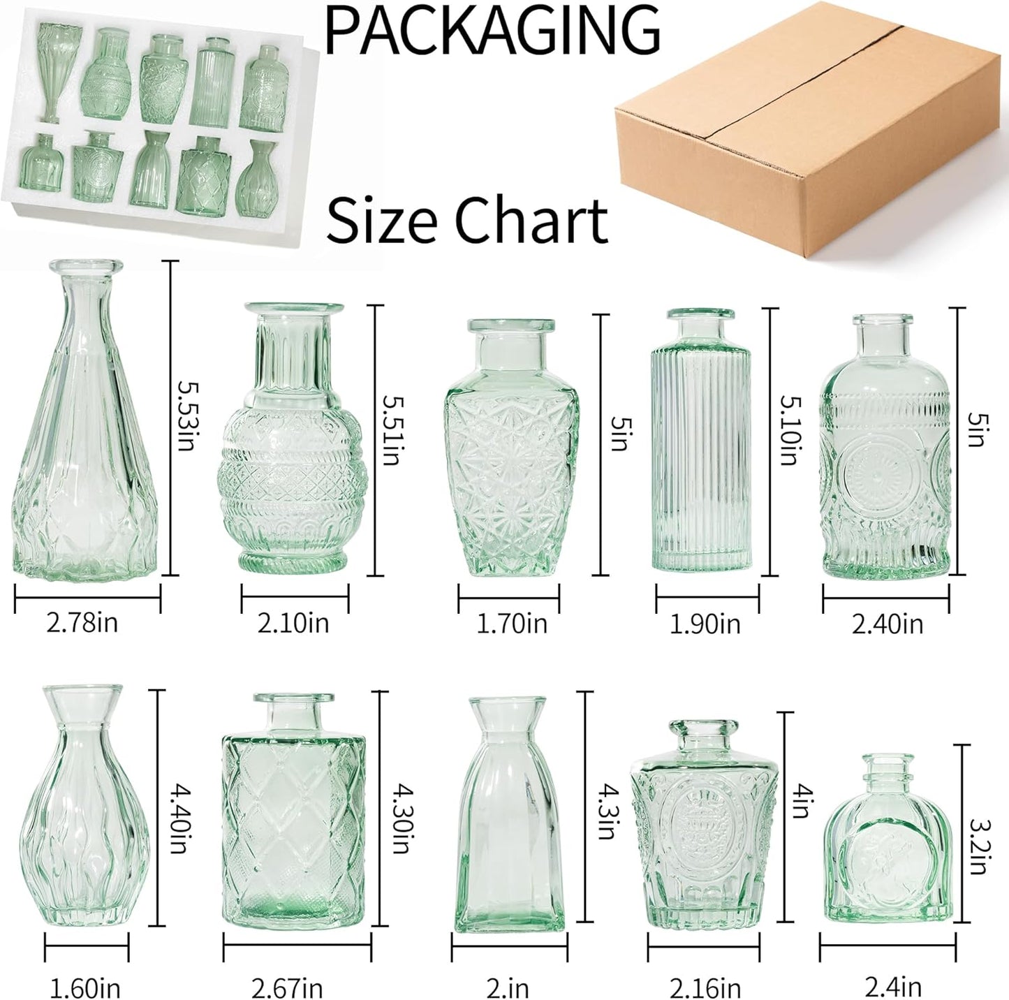 Vintage Small Glass Vases Set of 10,Mini Bud Vases for Flowers,Amber Glass Vases for Centerpieces,Wedding Decorations,Home Table Flower Decor(Sage Green)