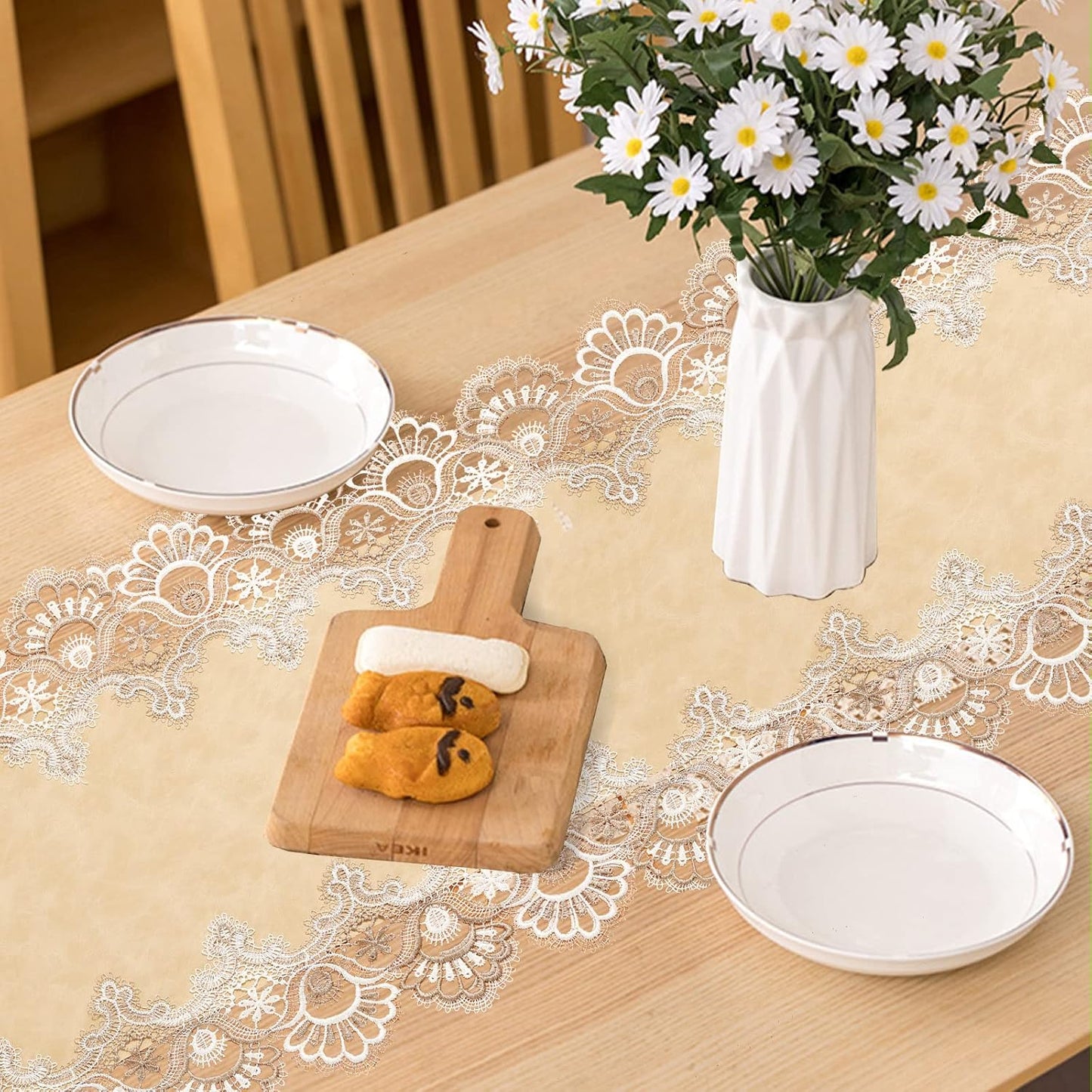 Vintage Lace Dining Table Runner, Small Macrame Coffee Table Runners 48 inches Long for Kitchen Home Christmas Party Decorations (16x48 inch, Beige)