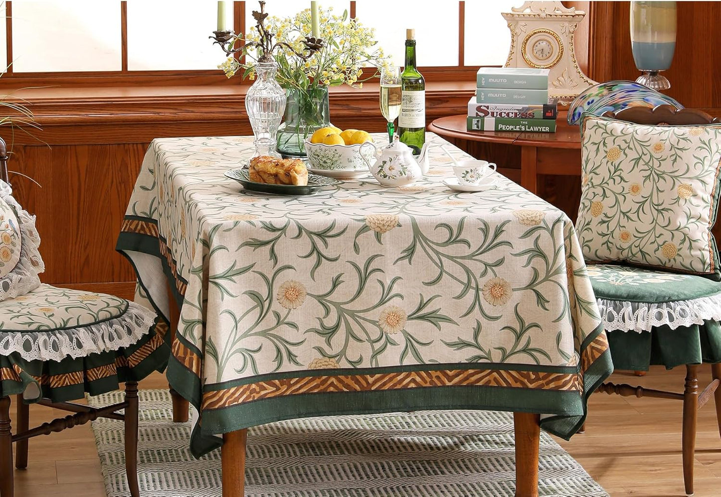 patdrea Designer French Linen Table Cloth for Rectangle Table,Vintage Fall Decorative Tablecloth,Floral Decoration Cover for Kitchen Dining Christmas,Tea Party,Thanksgiving,63"x87"-Littledaisy