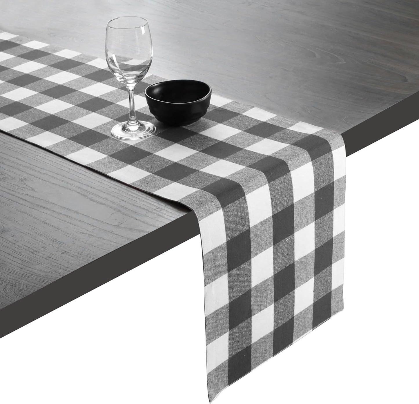 Native Fab Buffalo Checked Plaid Table Runner, 100% Cotton, 13x108 Inches, Rustic Farmhouse Kitchen and Dining Décor, Perfect for Fall, Winter, Weddings, Holiday Gatherings, Grey and White