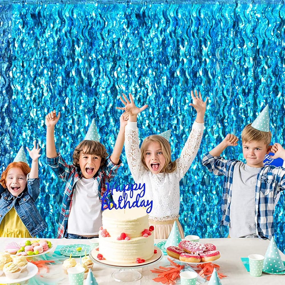 TONIFUL 3Pcs Wavy Metallic Tinsel Foil Fringe Curtains Teal Blue Streamer Backdrop for Photo Booth Props,Party Door Wall Curtains,Bachelorette,Underwater World Birthday Party Decor (9.9ft x 6.6ft)