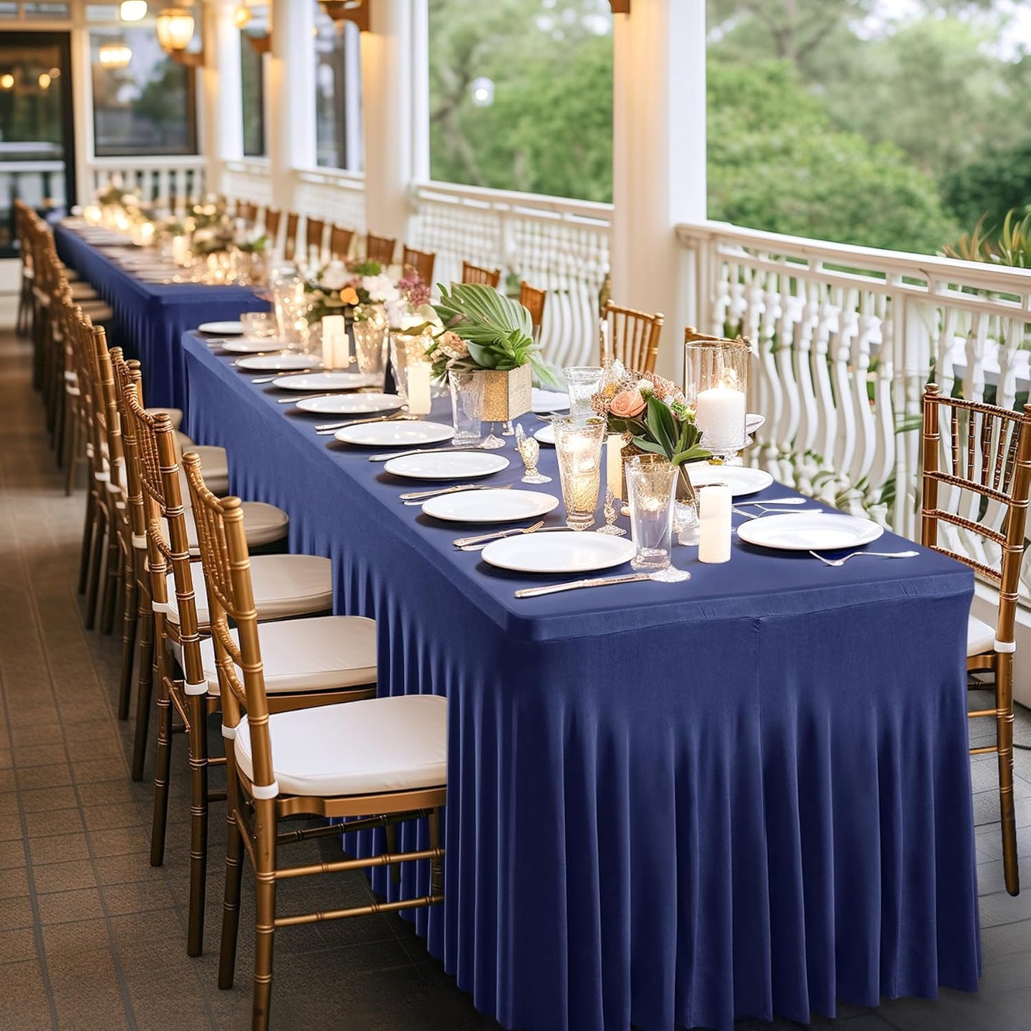 Wish Care 2 Pack Navy Blue Spandex Table Clothes for 8 Foot Rectangle Tables, 8FT Wrinkle Free Fitted Tablecloths Ruffles Design Table Cover for Party, Banquet, Wedding and Events