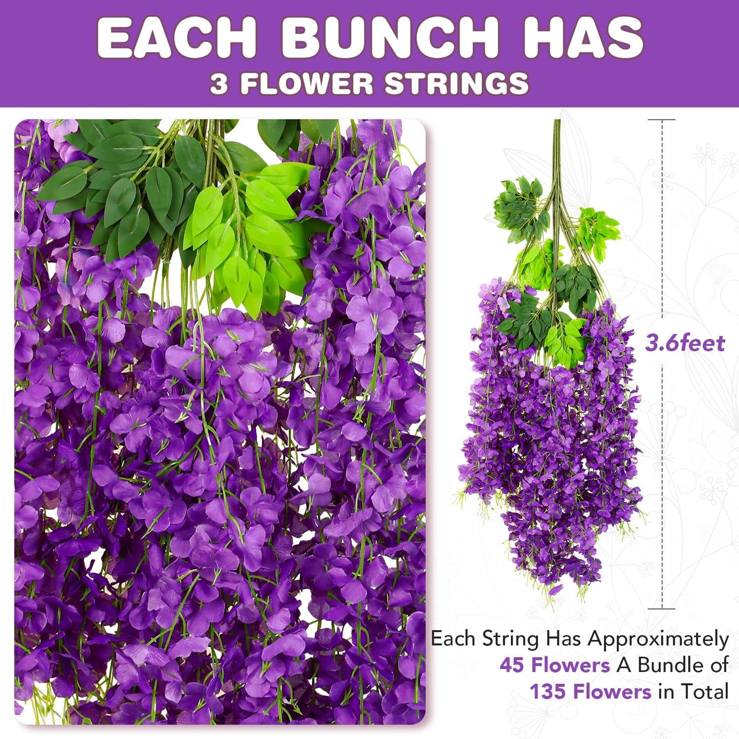 Wisteria Hanging Flowers,Fake Hanging Flowers,Wisteria artificiales Garland for Home Wedding Arch Floral Party Garden Ceremony Outdoor Decor,3.6 feet Long(25,Purple)