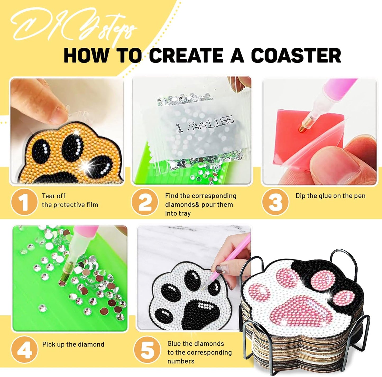 10 pcs Diamond Painting Coasters | Diamond Art Coasters | Cat Paw Diamond Art Painting | Perfect Art Craft Gift for Cat Lover, Dad, Mom, Grandparents, Brother, Sister.