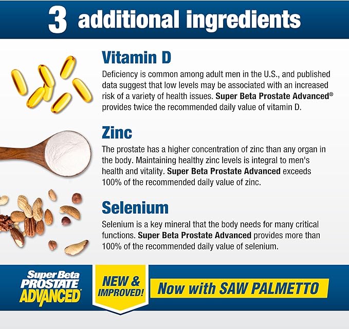 Advanced with Saw Palmetto - Prostate Health Supplements for Men, Bladder & Urinary Support with Beta-sitosterol, Reishi, Saw Palmetto, Vitamin D, Zinc Oxide, Selenium - 240 Count