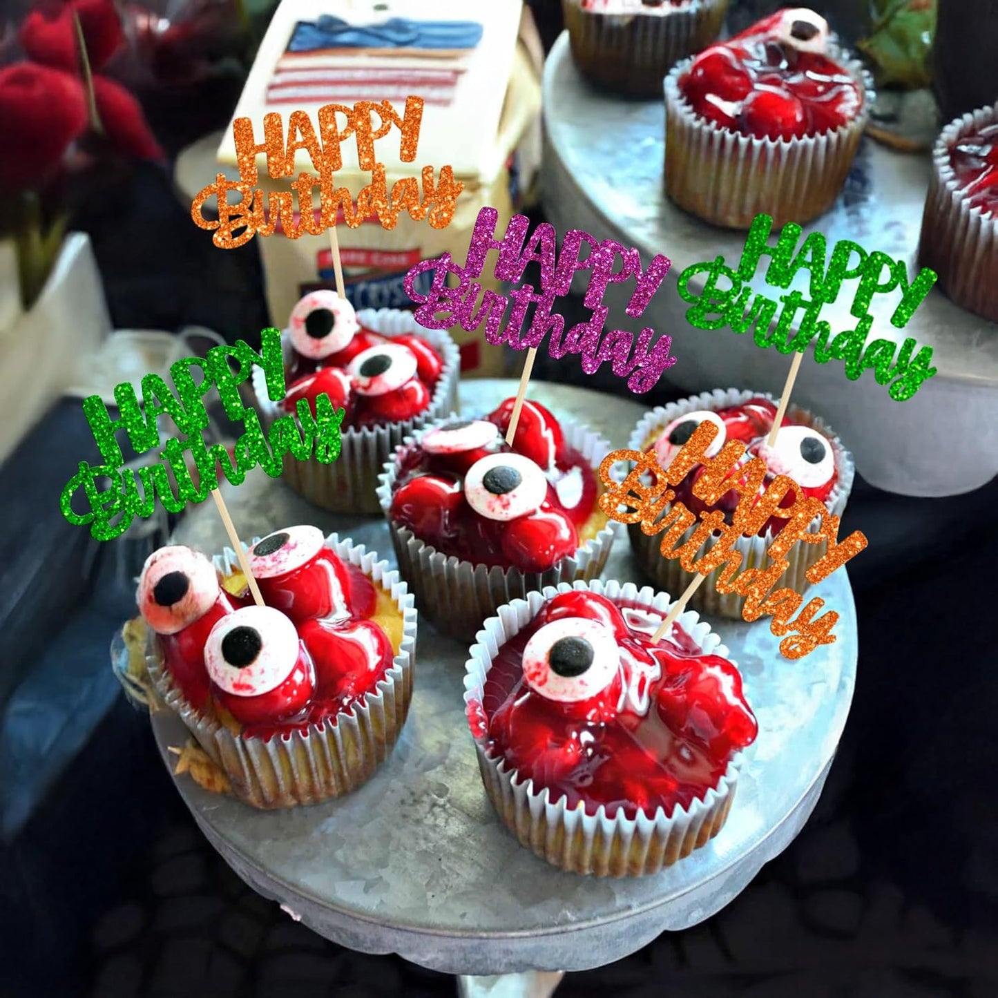 Gyufise 24Pcs Happy Birthday Cupcake Toppers Glitter Birthday Cupcake Food Picks for Celebrating Happy Halloween Theme Party Cake Decorations Supplies Orange Green Purple