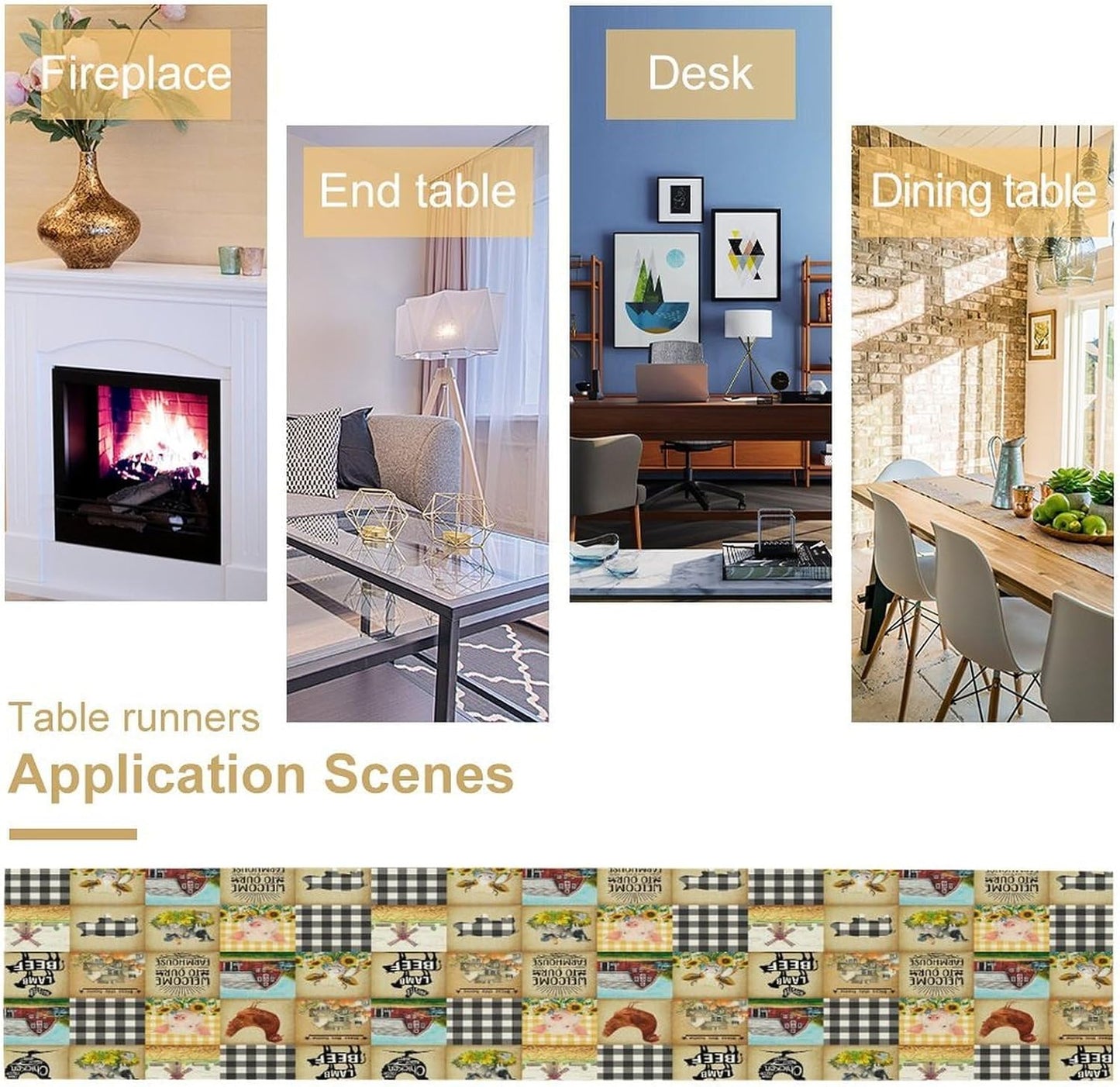 Farmhouse Animals Table Runner,Rustic Cabin Pig Chicken Cow Sunflowers Geometric Grids Burlap for Hotel Indoors Outdoor Dining Room Kitchen Holiday Party, 13x70in