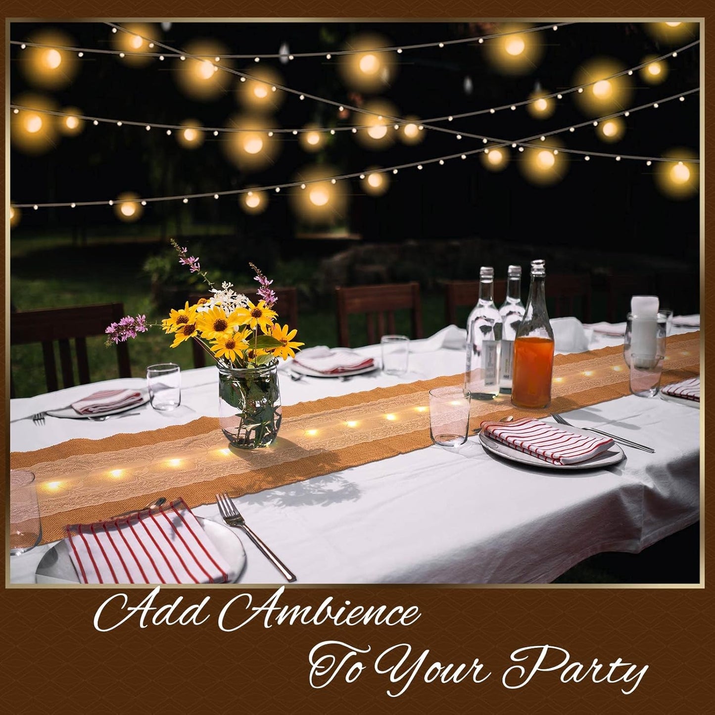 Burlap Table Runner with LED String Lights Rustic 12" x 108" Christmas Tablecloth Lighted Table Runner Farmhouse Decor for Wedding Bridal Shower Xmas Holiday