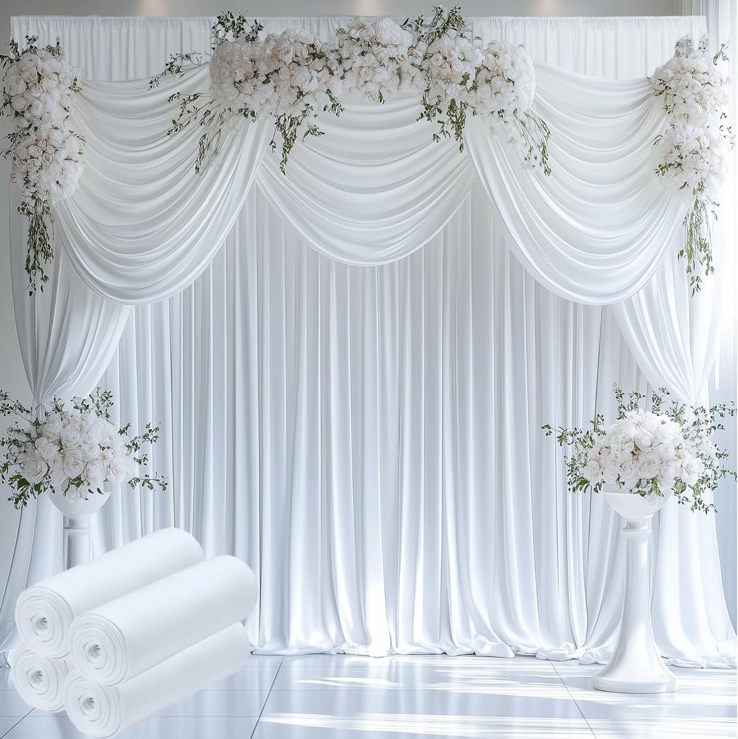 20ftx12ft Wrinkle Free White Backdrop Curtain, 4 Panels 12FT Height White Wedding Backdrop Drapes, Silky Polyester Back Drop Cloth for Birthday Photography Background Party Backdrop Draping