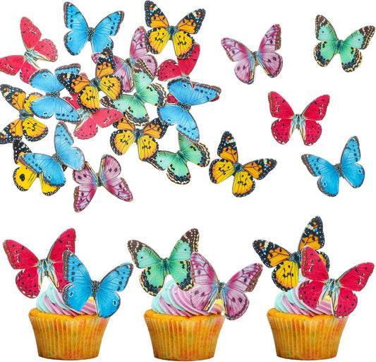 Ephlyn 48Pcs Edible Butterfly Cupcake Toppers 3D Mixed Color Cake Picks 3D Butterfly Cake Decorations for Baby Shower Boys Girls Birthday Party Decoration Supplies Colorful