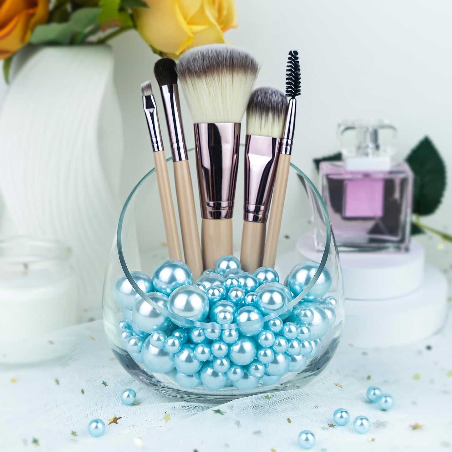 300Pcs Light Blue Polished No Hole Faux Pearl Beads for Vase Filling Decorations, Plastic Pearls Vase Fillers, Table Scatters, Wedding Centerpiece, Home Decor, 8/14/20 mm