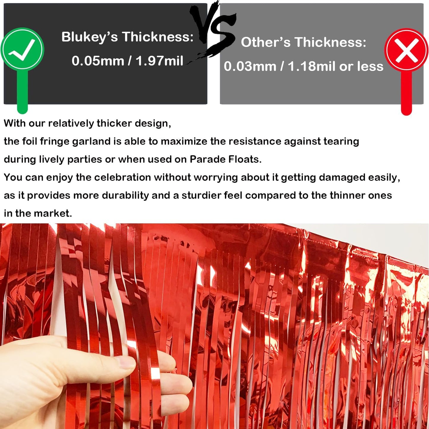 Thick 10 Feet by 15 Inch Red Foil Fringe Garland - Pack of 3 | Shiny Metallic Tinsel Banner for Parade Floats, Bridal Shower, Wedding, Birthday, Christmas | Wall Hanging Drapes (3)