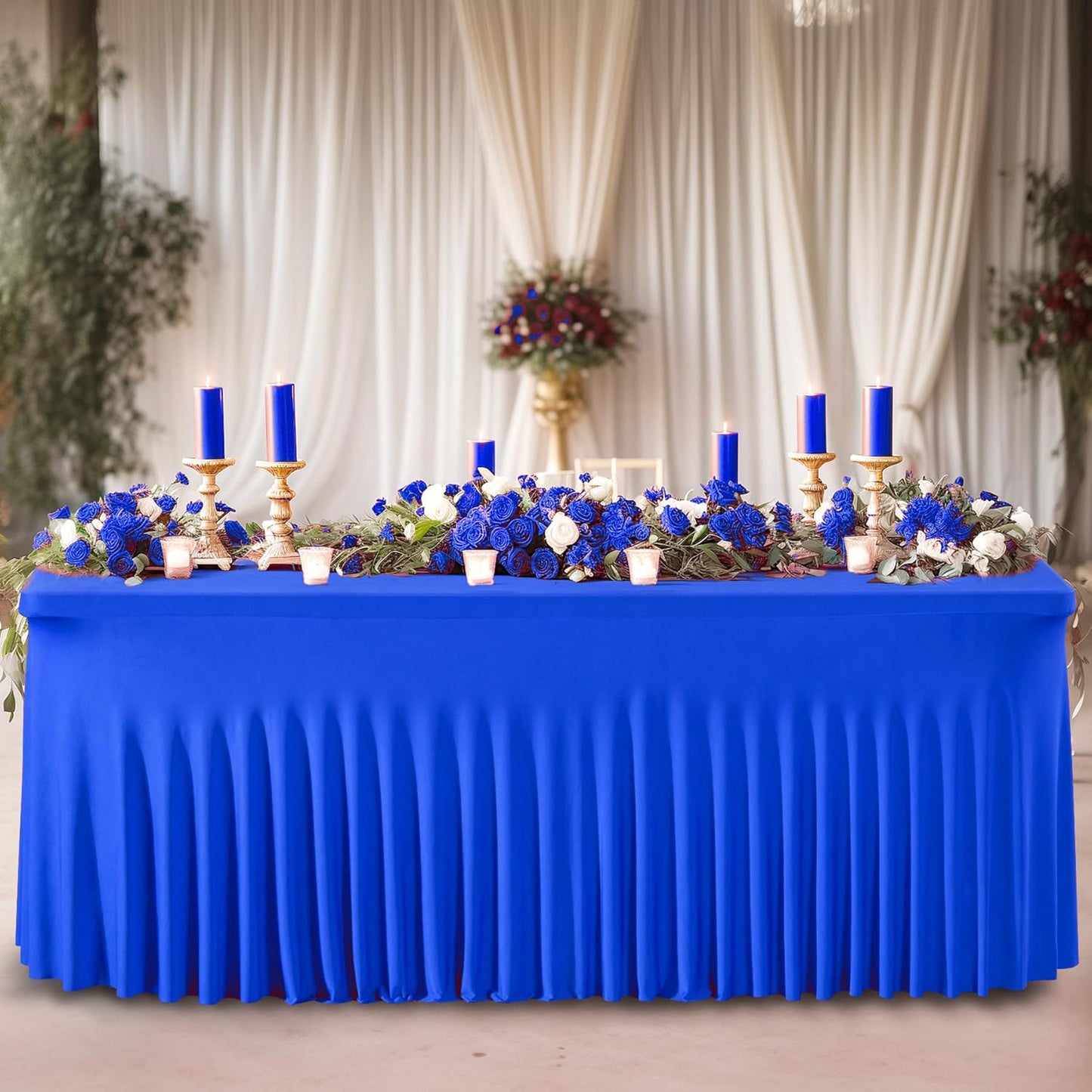 Wish Care 6 Pack Royal Blue Spandex Table Clothes for 8 Foot Rectangle Tables, 8FT Wrinkle Free Fitted Tablecloths Ruffles Design Table Cloth for Party, Banquet, Wedding and Events