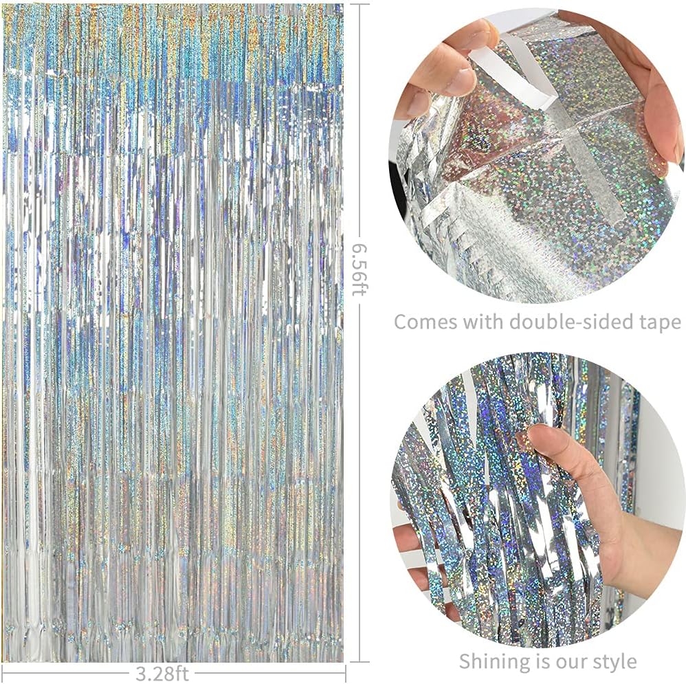 TONIFUL 3Pcs Laser Silver Door Streamers,Laser Silver Photo Booth Backdrop Metallic Streamers Foil Fringe Curtains for Birthday,Christmas,New Year,Bachelorette,Grad Party(9.9ft x 6.6ft)