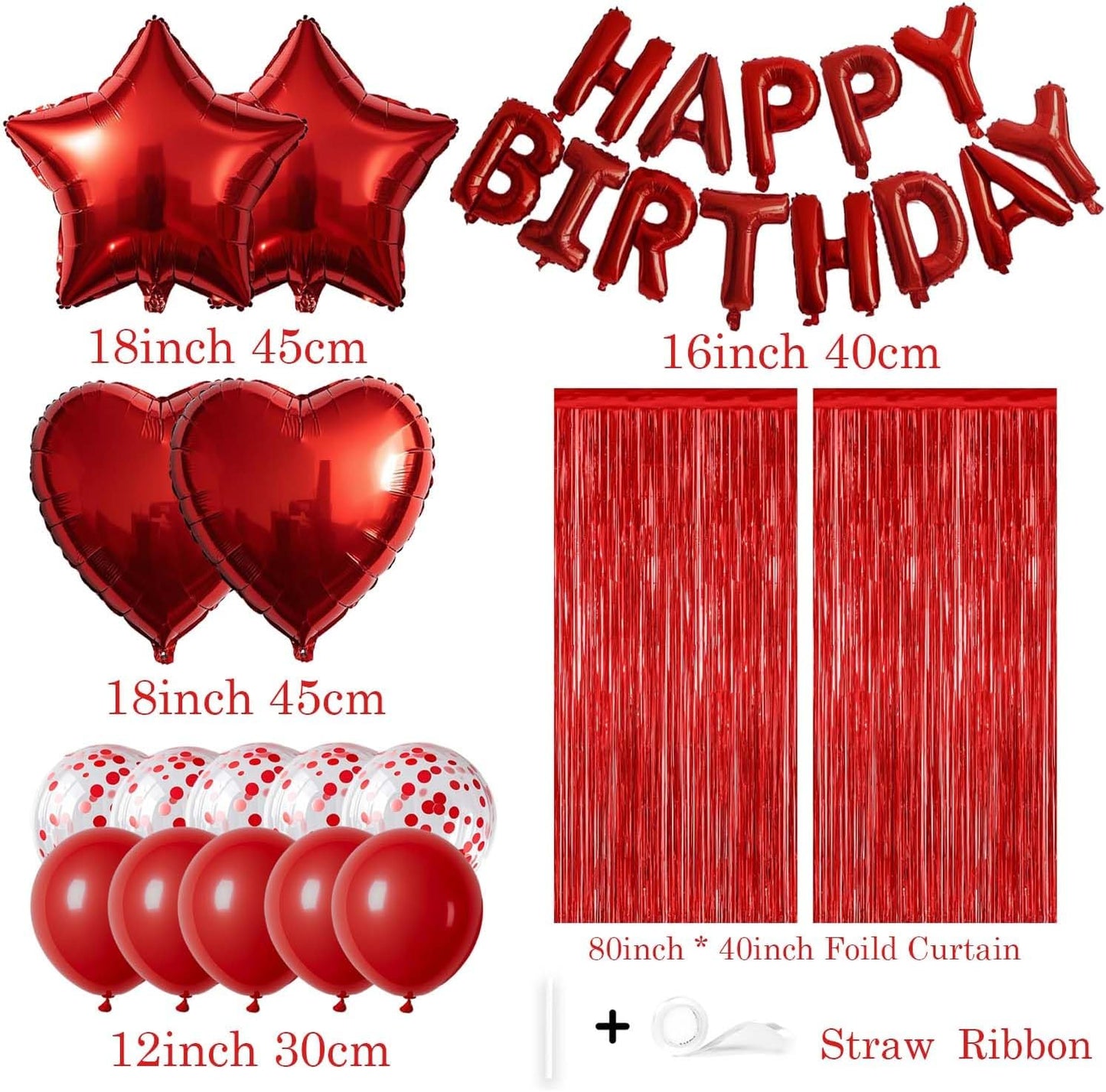 29 Pcs Red Birthday Party Decorations - Happy Birthday Balloons Banner Red, Heart & Star Foil Balloons, Confetti & Latex Balloons, Foil Fringe Curtains Party Supplies for Women