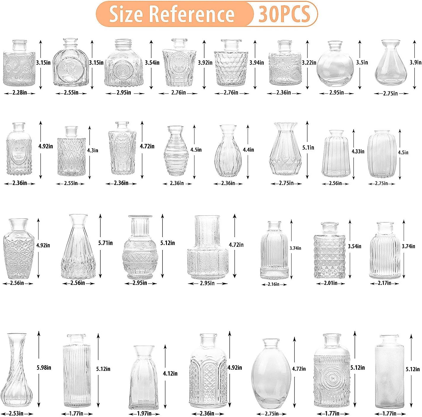 Glass Bud Vase Set of 30, Clear Bud Vases in Bulk, Small Flower Vases for Table Centerpieces, Mini Vintage Vases for Rustic Wedding Party, Bridal Shower, Home Decoration (30 Pack)