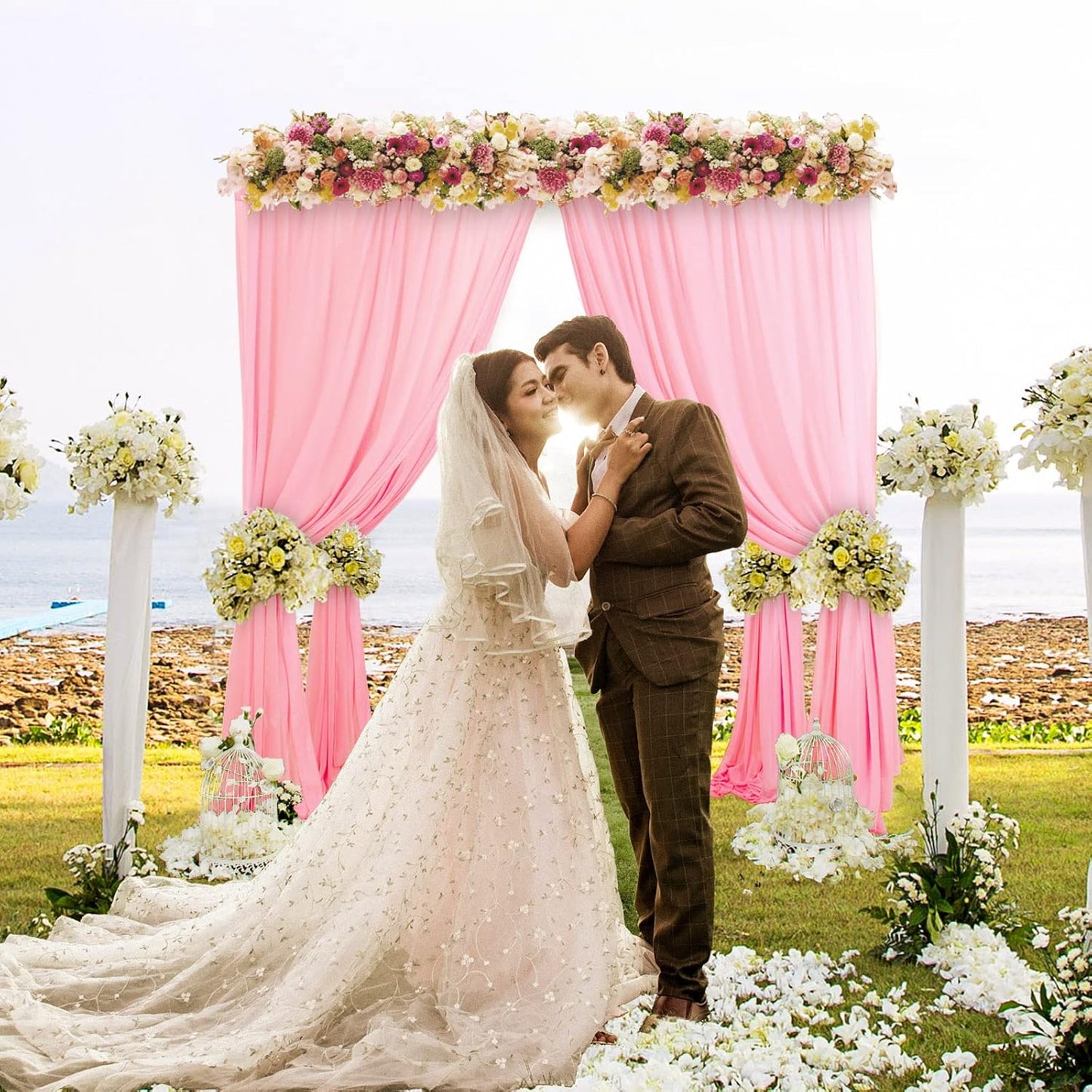 DUOBAO Pink Chiffon Backdrop Curtain-2 Panels 29x96-Inch Wedding Backdrop Drapes Sheer Beach Curtains for Living Room Voile Window Curtain for Photography Backdrops Christmas Ceremony Decor, Baby Pink