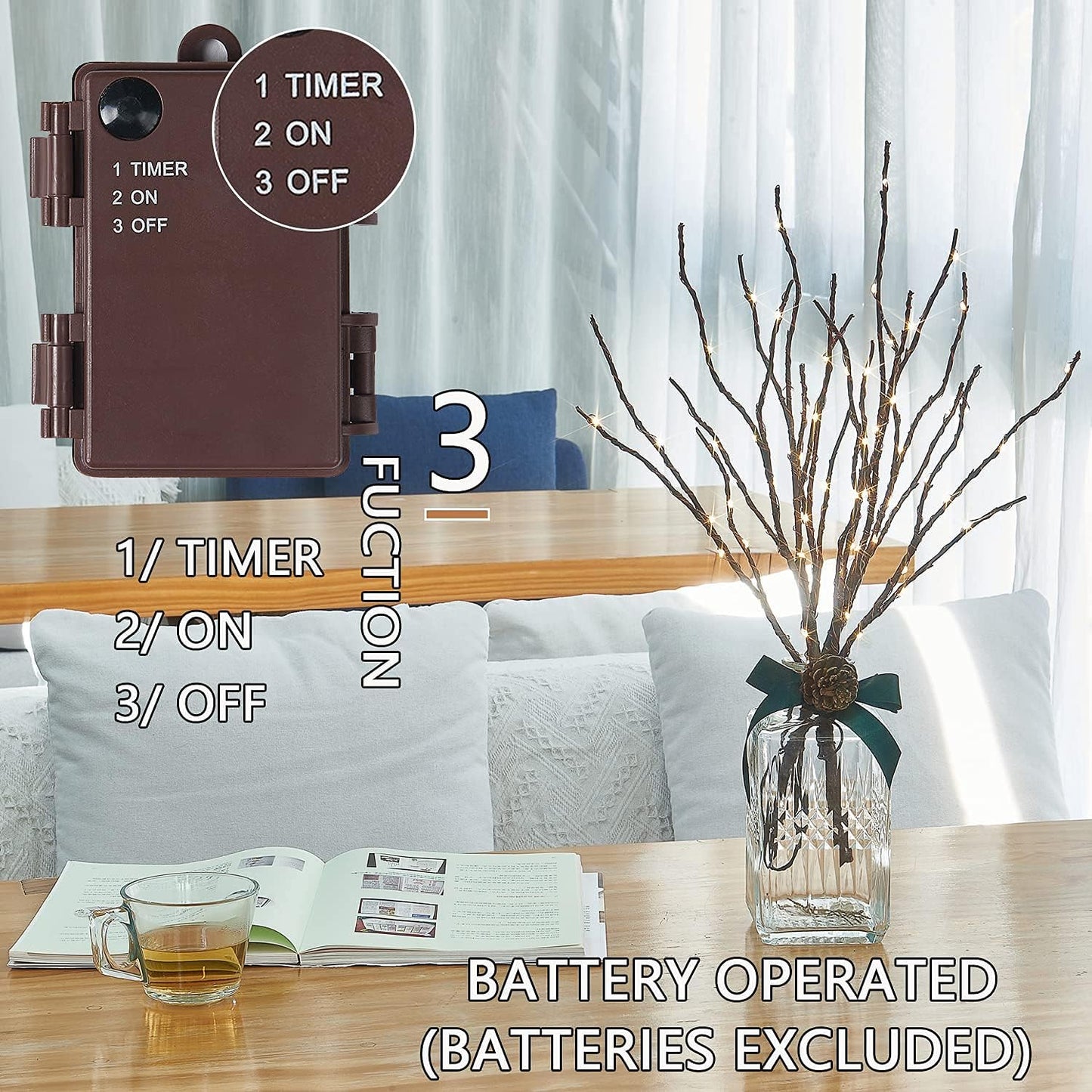 Fudios Lighted Branches with Timer 70 LED Fairy Lights 18in Battery Operated, Willow Branches with Lights for Vase Christmas Holiday Home Decor