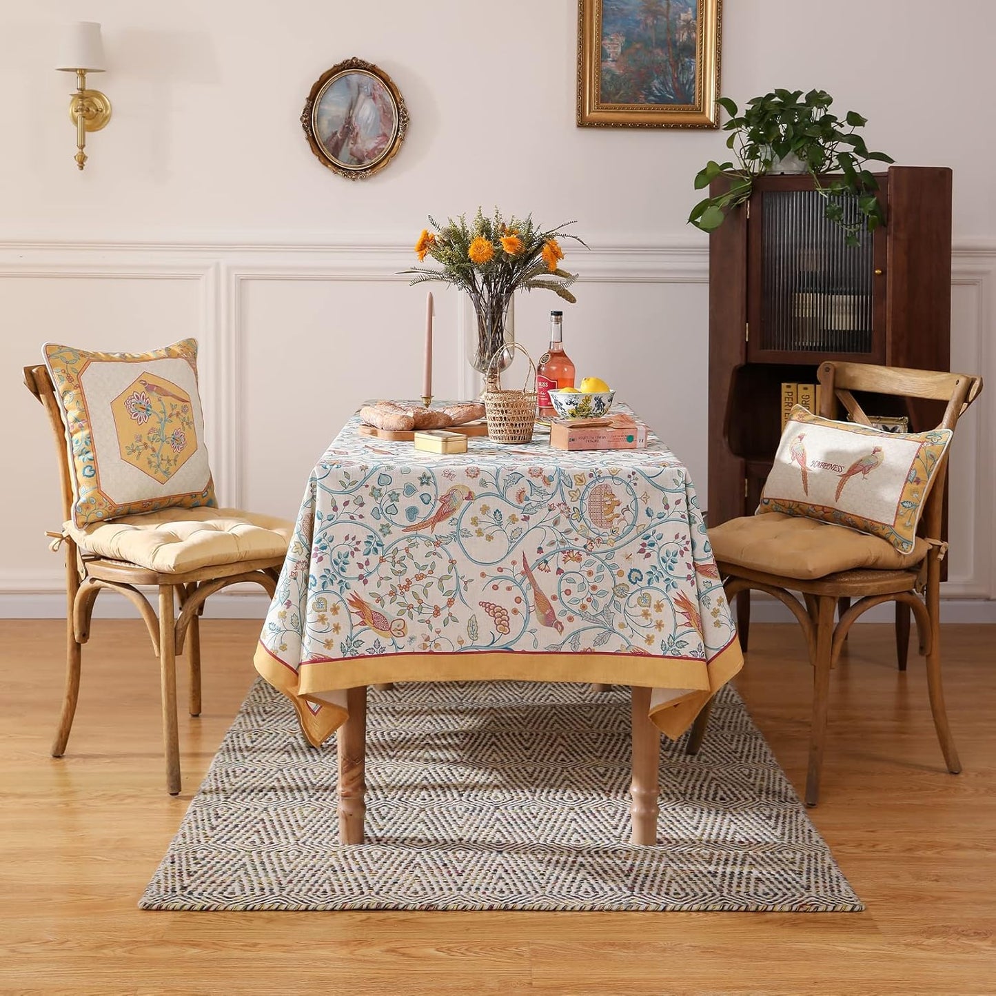 patdrea Designer Vintage French Extra Long Rectangular Tablecloth,Floral Birds Pattern Linen Table Cloth,Decorative Cover for Kitchen Dining Banquet,Christmas,Thanksgiving,67"x118"-Magnolia