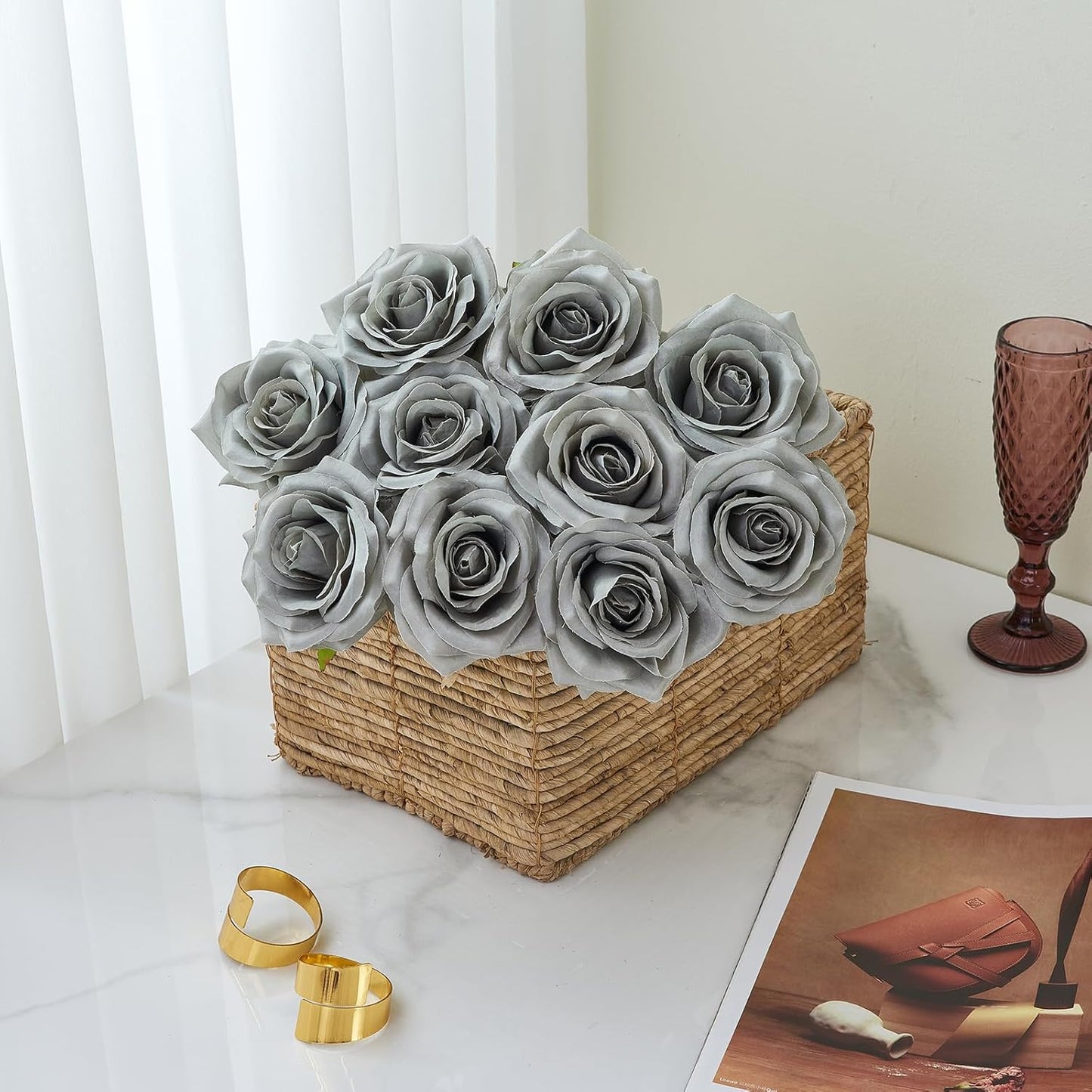Artificial Rose 10pcs Open Flower Bouquet Faux Rose Stems for Wedding Arrangement, Bridal Bouquet, Centerpiece, Fake Faux Silk Flowers (Grey)