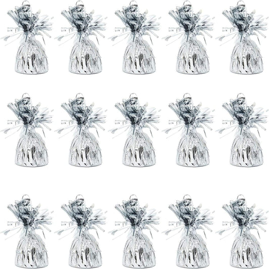 BLUE PANDA Balloon Weights - 4.5 x 2.35 in, Silver, 15 Pack - Table Balloon Stand Weight & Holder with Tinsel Tassel Fringe & Hook