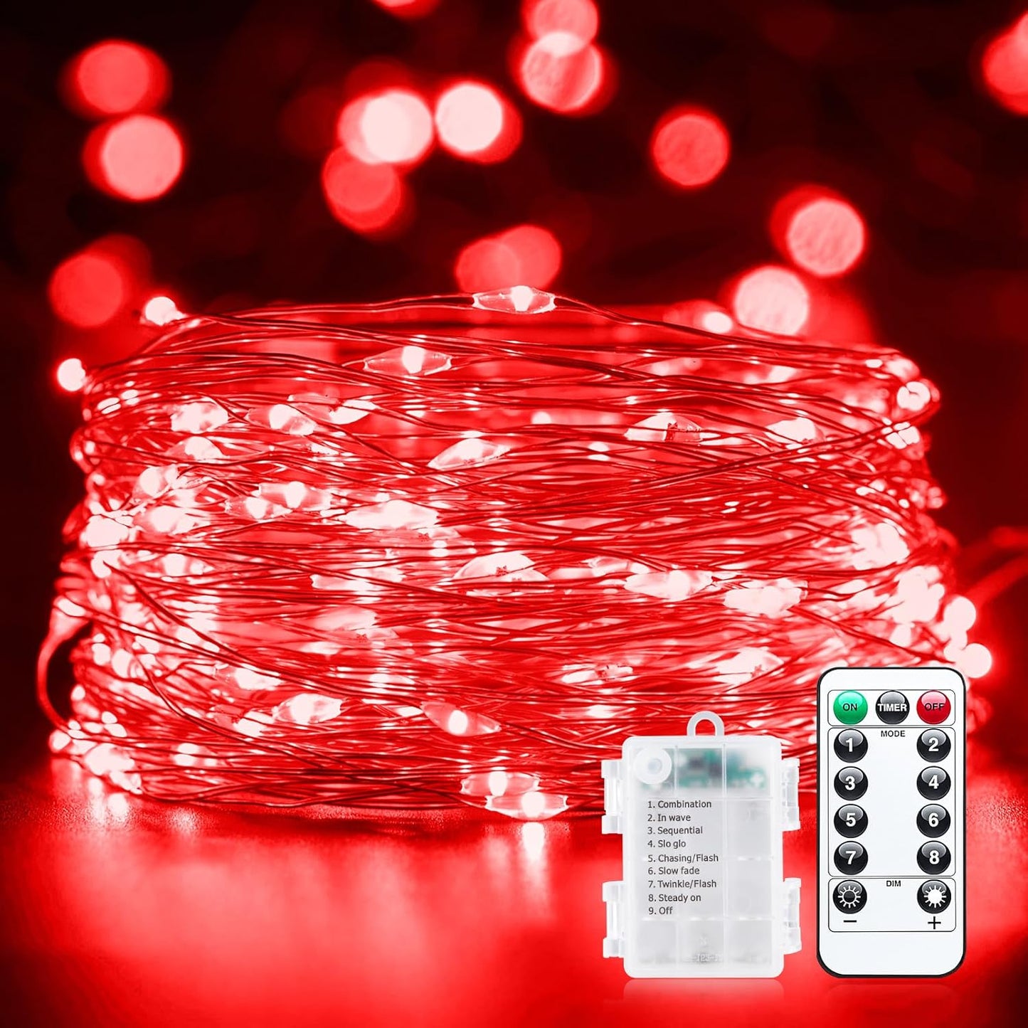 33Ft 100 LED Outdoor String Lights, Red Fairy Lights Battery Operated with Remote, Waterproof Twinkle Lights for Bedroom Dorm Patio Tapestry Backyard Garden Party Indoor Valentine's Day Decoration