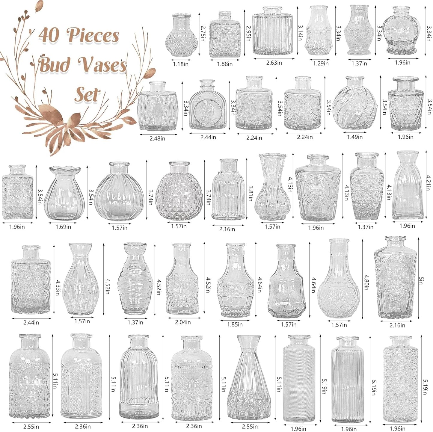 Set of 40 Glass Bud Vases, Small Clear Glass Vases in Bulk, Mini Vintage Embossed Flower Vase for Wedding, Centerpieces, Birthday Party, Baby Shower, Home Table Decorations (Clear)