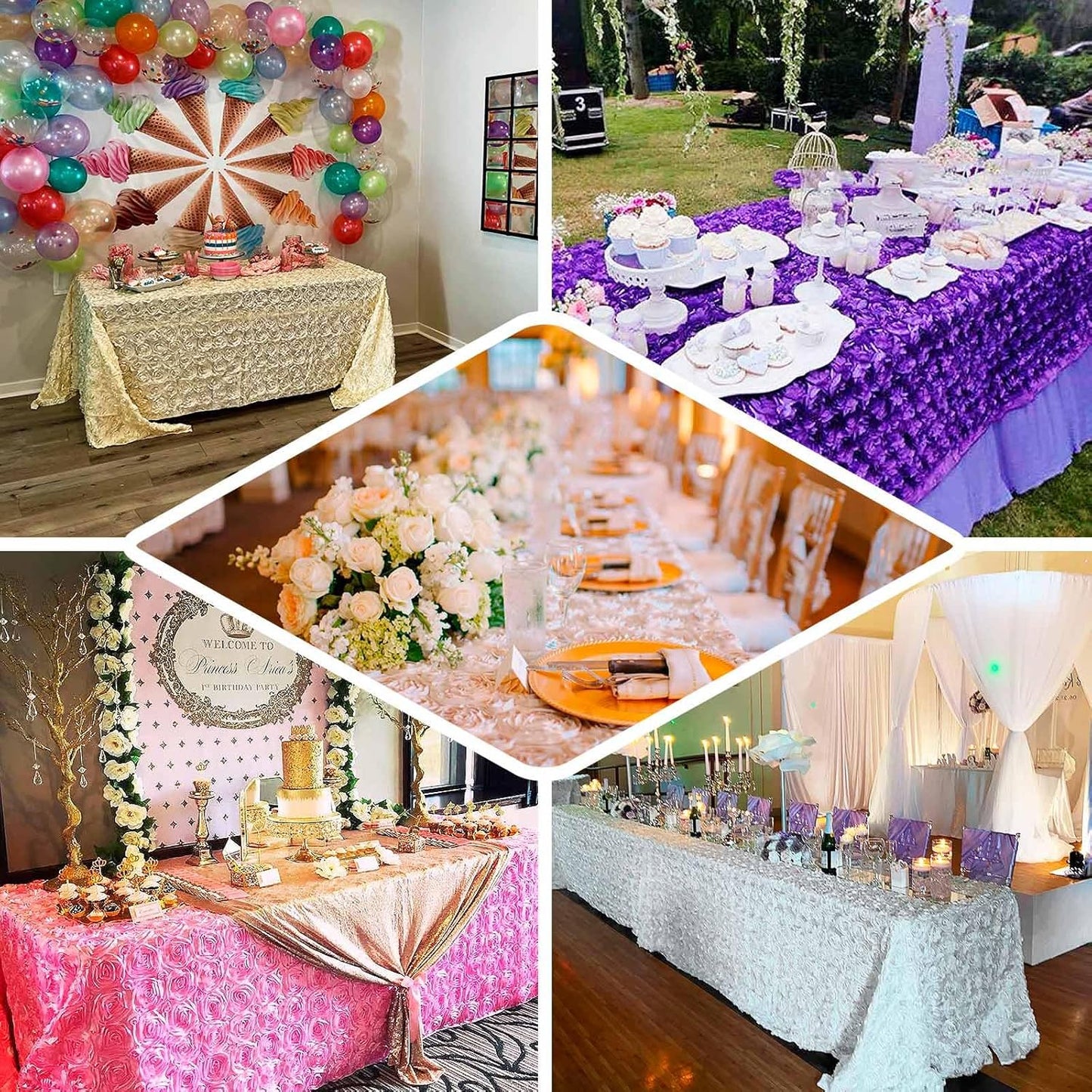 Efavormart 90"x132" Wholesale Rectangle Table Cover Black Grandiose Rosette 3D Satin Tablecloth for Wedding Party Event