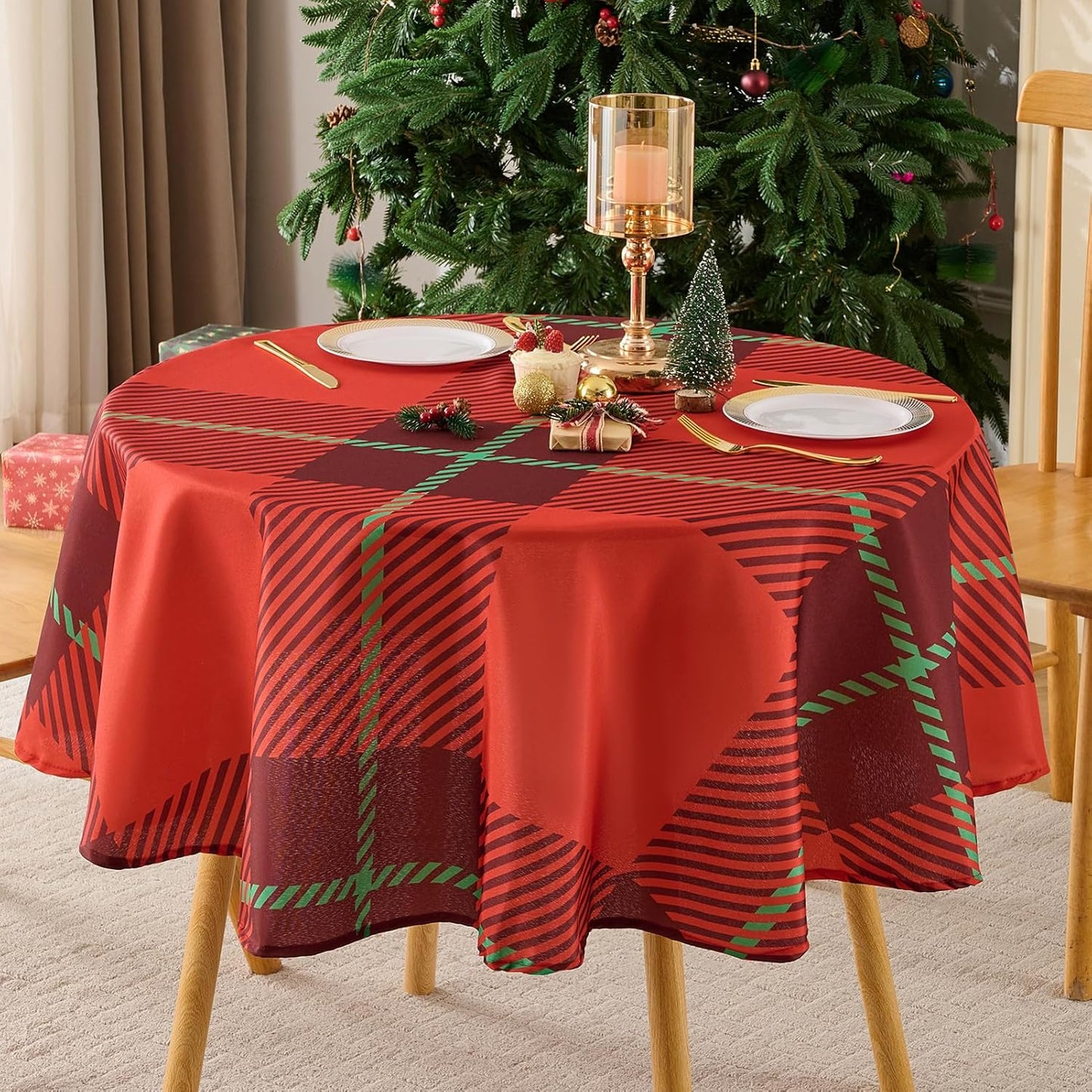 Christmas Tablecloth Round 60 Inch Waterproof, Machine Washable Checkered Polyester Table Cover for Xmas Party, Winter Holiday Home Decoration in Festive Checkered Red 1pack