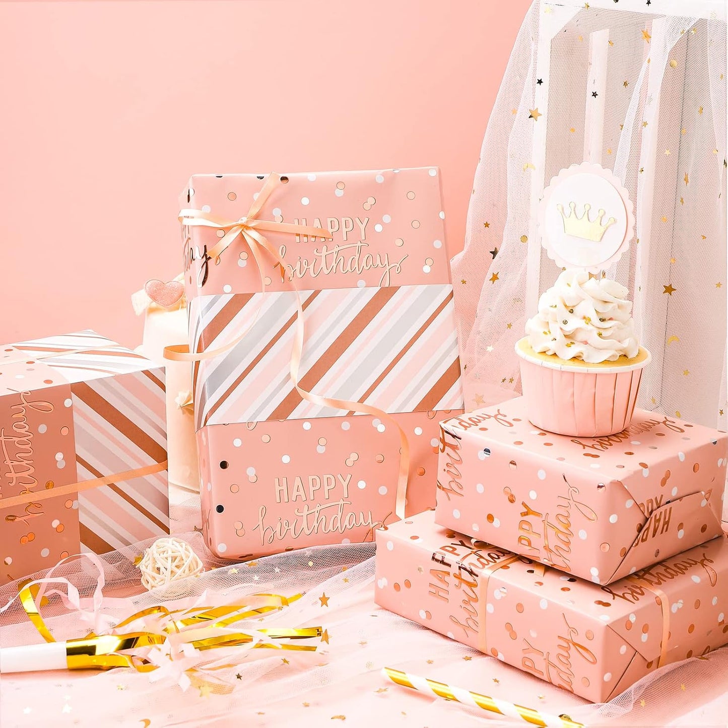 LeZakaa Reversible Pink Birthday Wrapping Paper Roll for Girls Women, Happy Birthday Lettering & Stripe Pattern with Metallic Foil in Pink, Mini Roll, 17 inches x 16.4 Feet