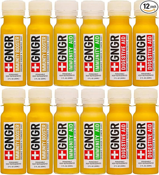 +GNGR Immunity Sampler Organic Ginger Wellness Shots - Premium Ginger Shots for All Natural Digestive Support and Immune Support - Cold Pressed Ginger Juice - Nothing Artificial (2 Oz, Pack of 12)