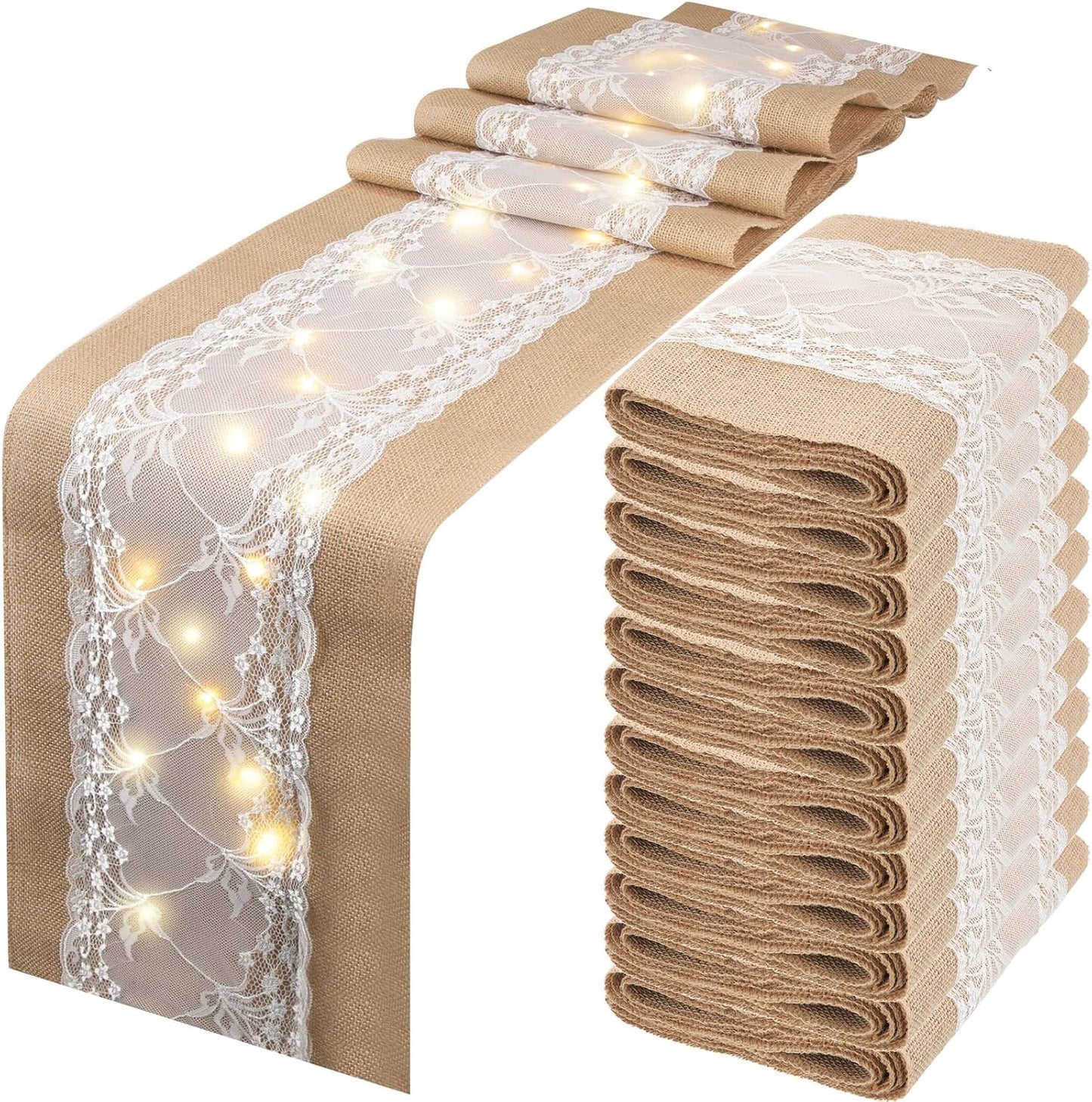 Xinnun 12 Pcs Burlap Table Runner with Lights 12 x 108 Inches Burlap Lace Table Runner Rustic Wedding Decorations Home Party (Vine)