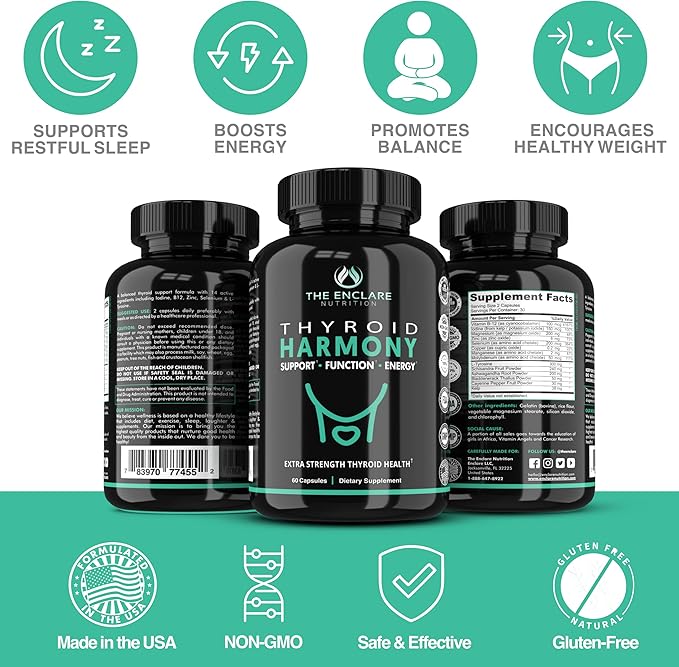 THE ENCLARE NUTRITION Thyroid Support Supplement with Iodine - Balance Hormones for Energy, Metabolism, Focus, Stress, Mood. Ashwagandha, Zinc, Selenium, Vitamin B12, Kelp, Magnesium, L Tyrosine (1)